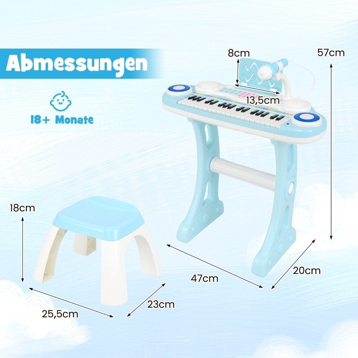 Un juego de piano de juguete azul con un taburete. Se muestran las dimensiones. El texto 'Abmessungen' y '18+ Monate' son visibles.