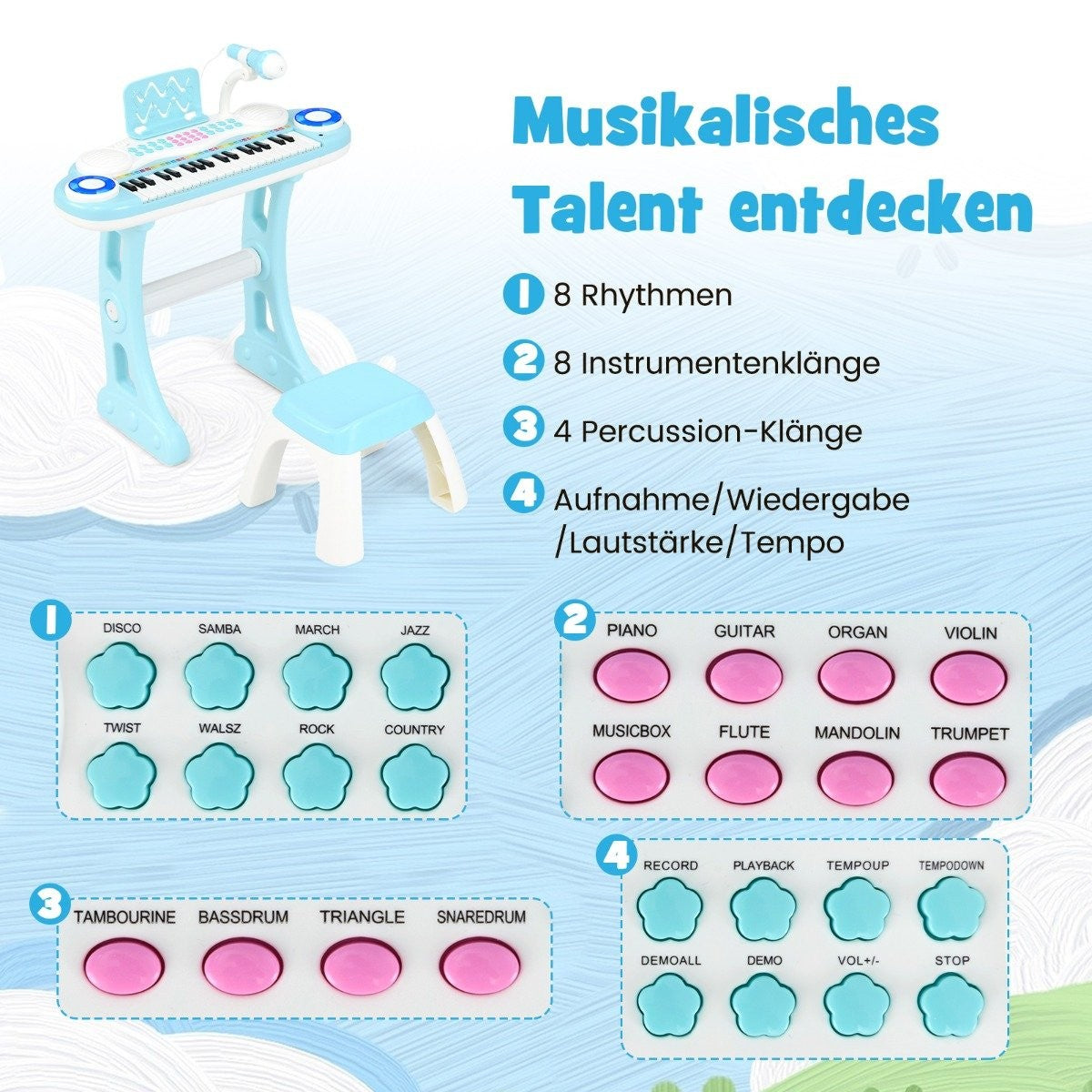 Un teclado de juguete azul con micrófono, taburete y botones para ritmos e instrumentos. Texto en alemán presente.