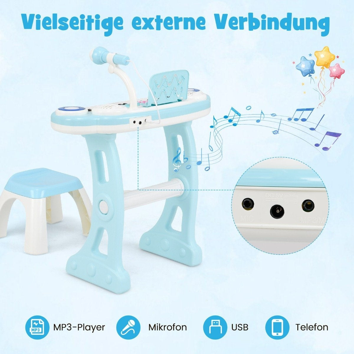 Un piano de juguete azul con taburete, micrófono y notas musicales. El texto dice 'Vielseitige externe Verbindung'. Iconos: MP3, micrófono, USB.