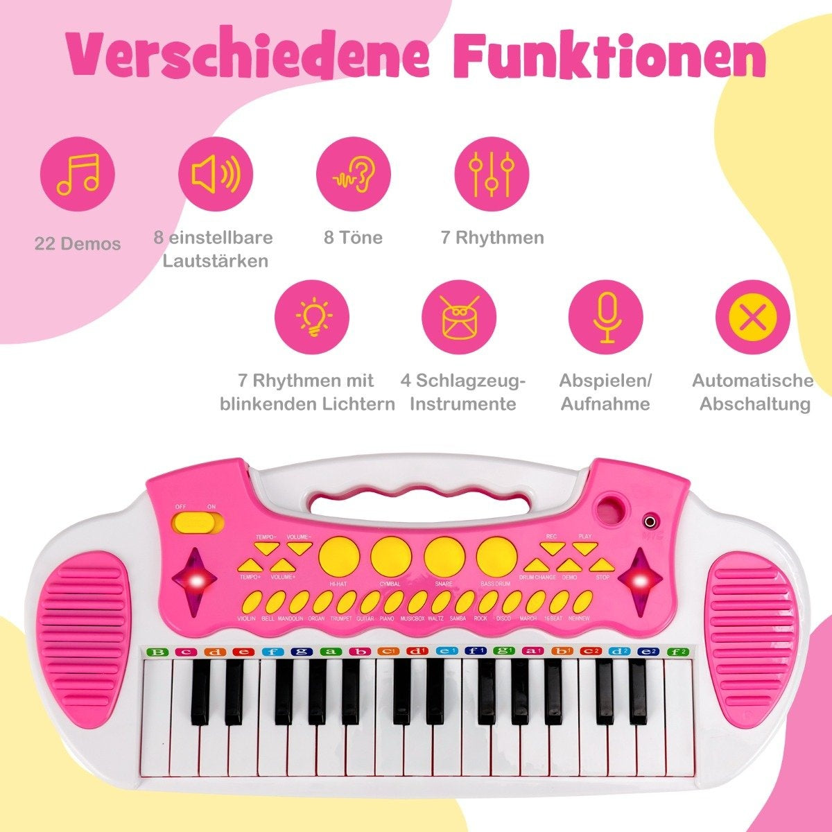 Piano de juguete rosa con teclas blancas y botones rosas, con iconos de función y texto en alemán.