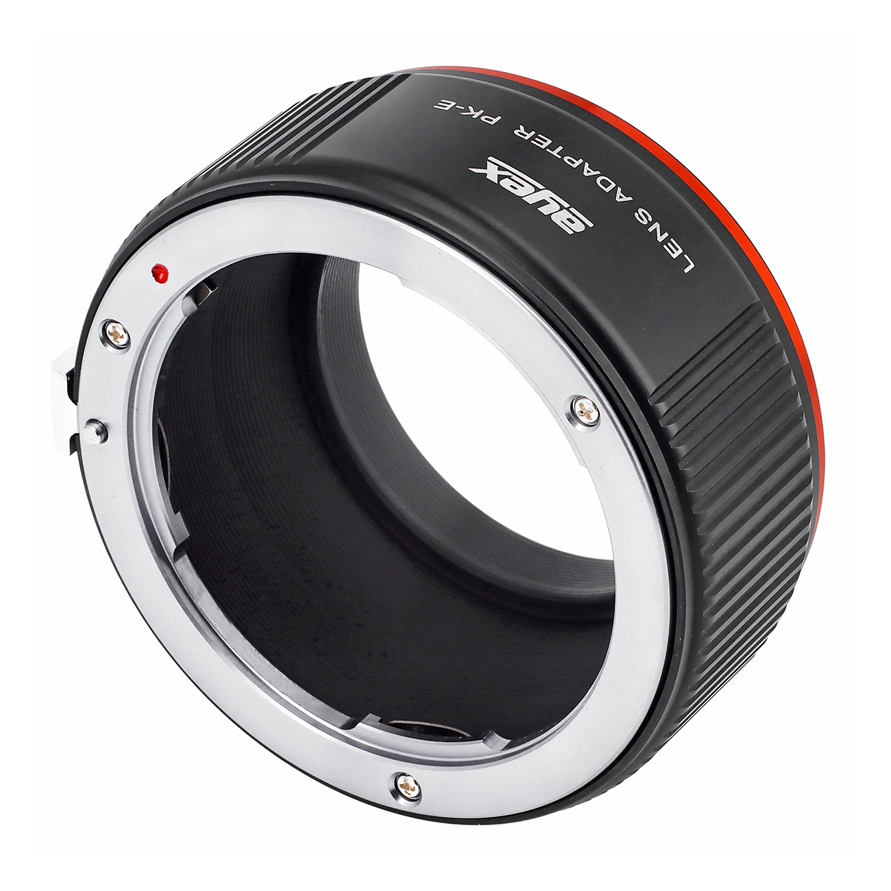 Ein schwarzer und silberner Objektivadapter. Er hat rote Akzente und den Text 'Lens Adapter PK-E'. Er ist kreisförmig und hat Schrauben.