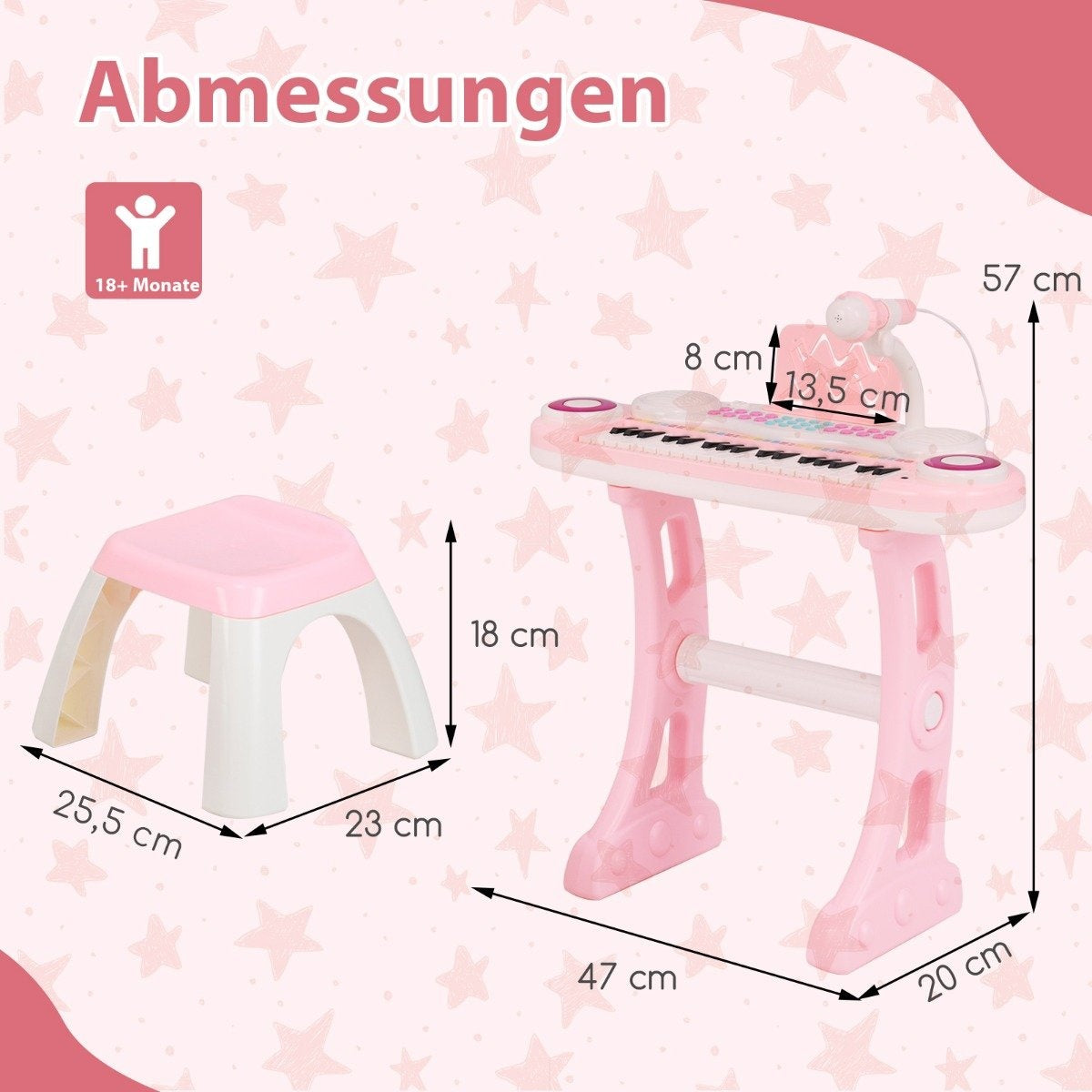 Se muestra un piano de juguete rosa y un taburete a juego. Las dimensiones están etiquetadas en los objetos. El fondo tiene patrones de estrellas.