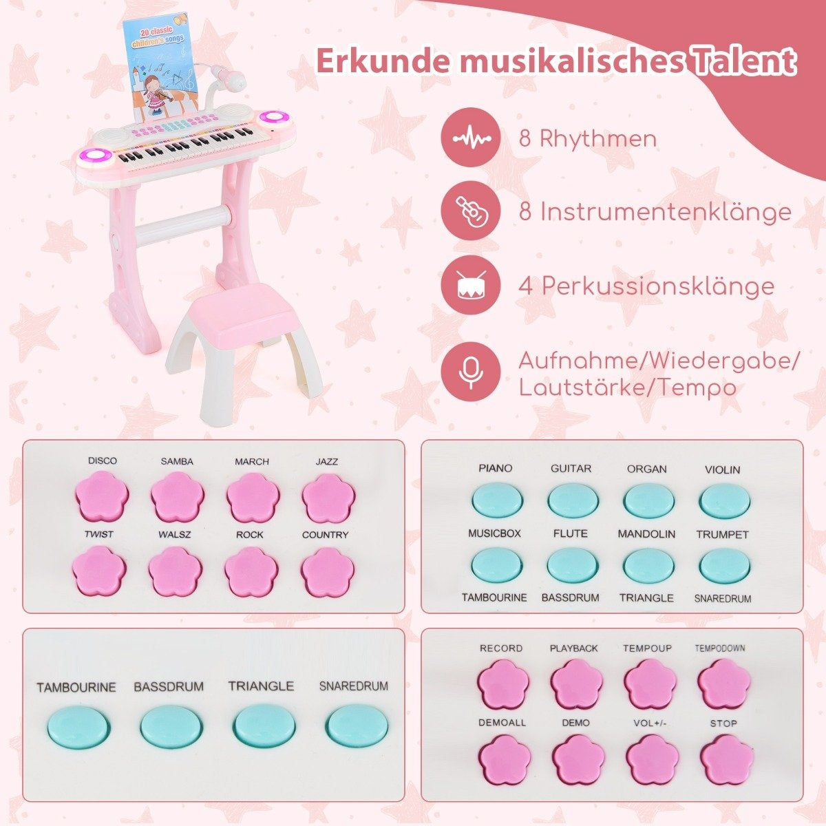 Piano de juguete rosa con botones, micrófono y taburete. Tiene opciones musicales y controles de volumen, texto en alemán.