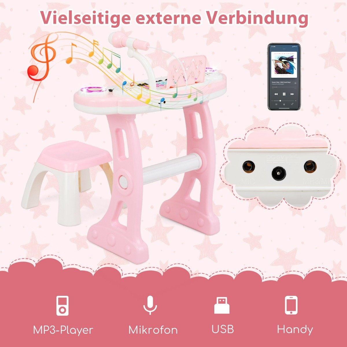 Un piano de juguete rosa con un taburete, teléfono y puertos de conectividad sobre un fondo rosa con formas de estrella.