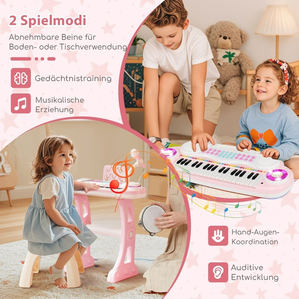 Tres niños jugando con un piano de juguete rosa y una pandereta. La escena está brillantemente iluminada con notas musicales e iconos.
