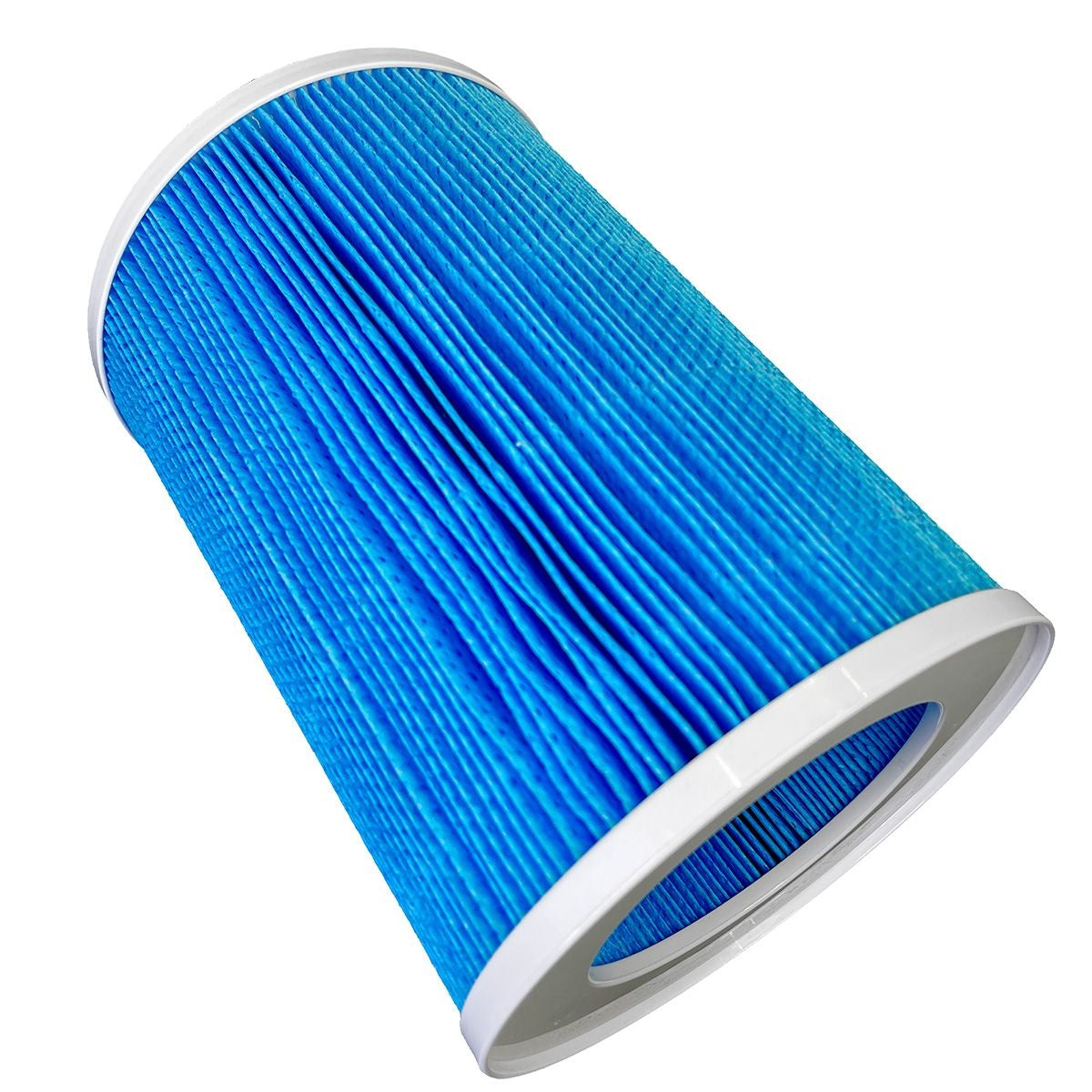 Un filtro cilindrico blu con bordi bianchi. Il filtro ha carta pieghettata con un gradiente di blu. Lo sfondo è bianco.