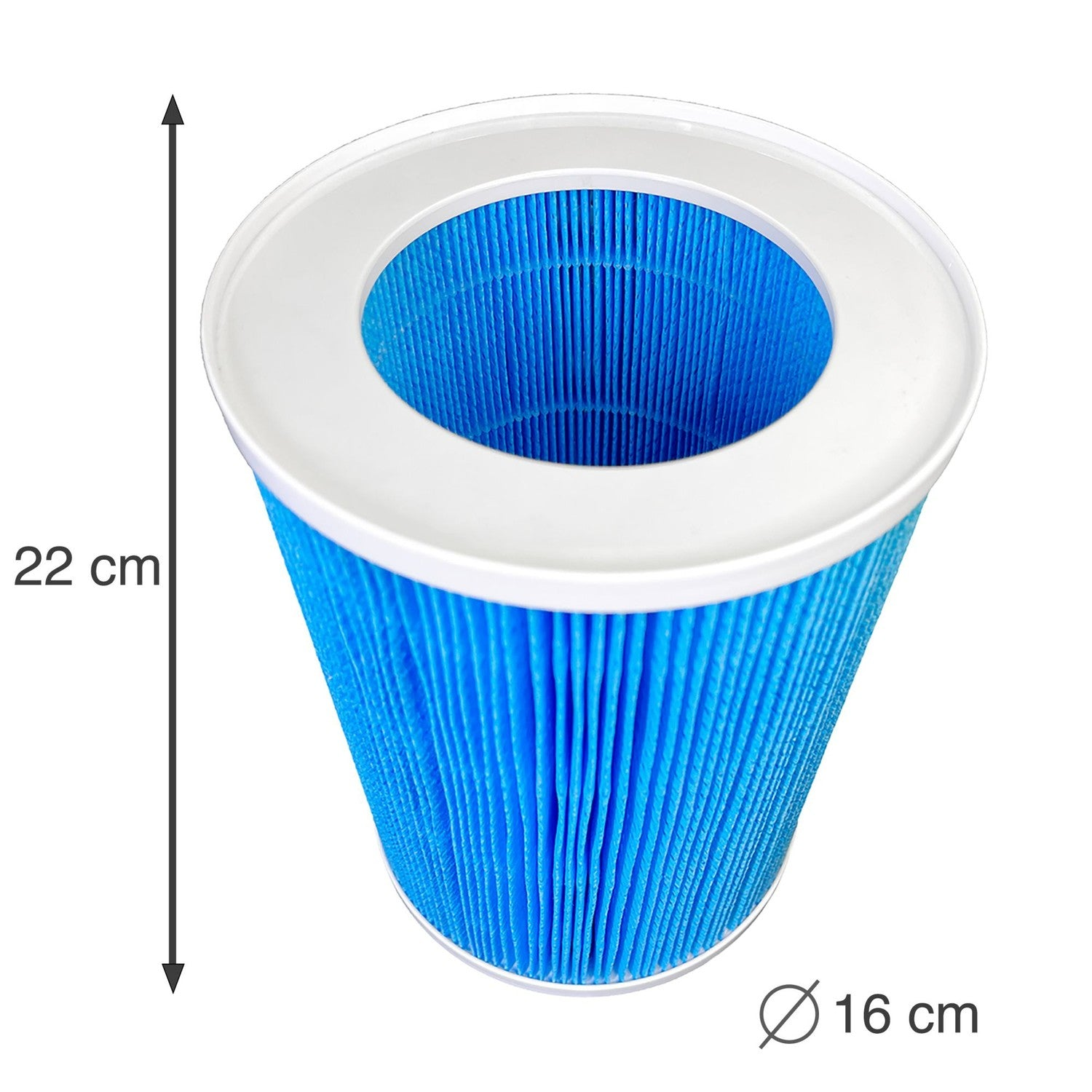 Filtro cilindrico blu con parte superiore e inferiore bianche. Dimensioni: 22 cm altezza, 16 cm diametro.