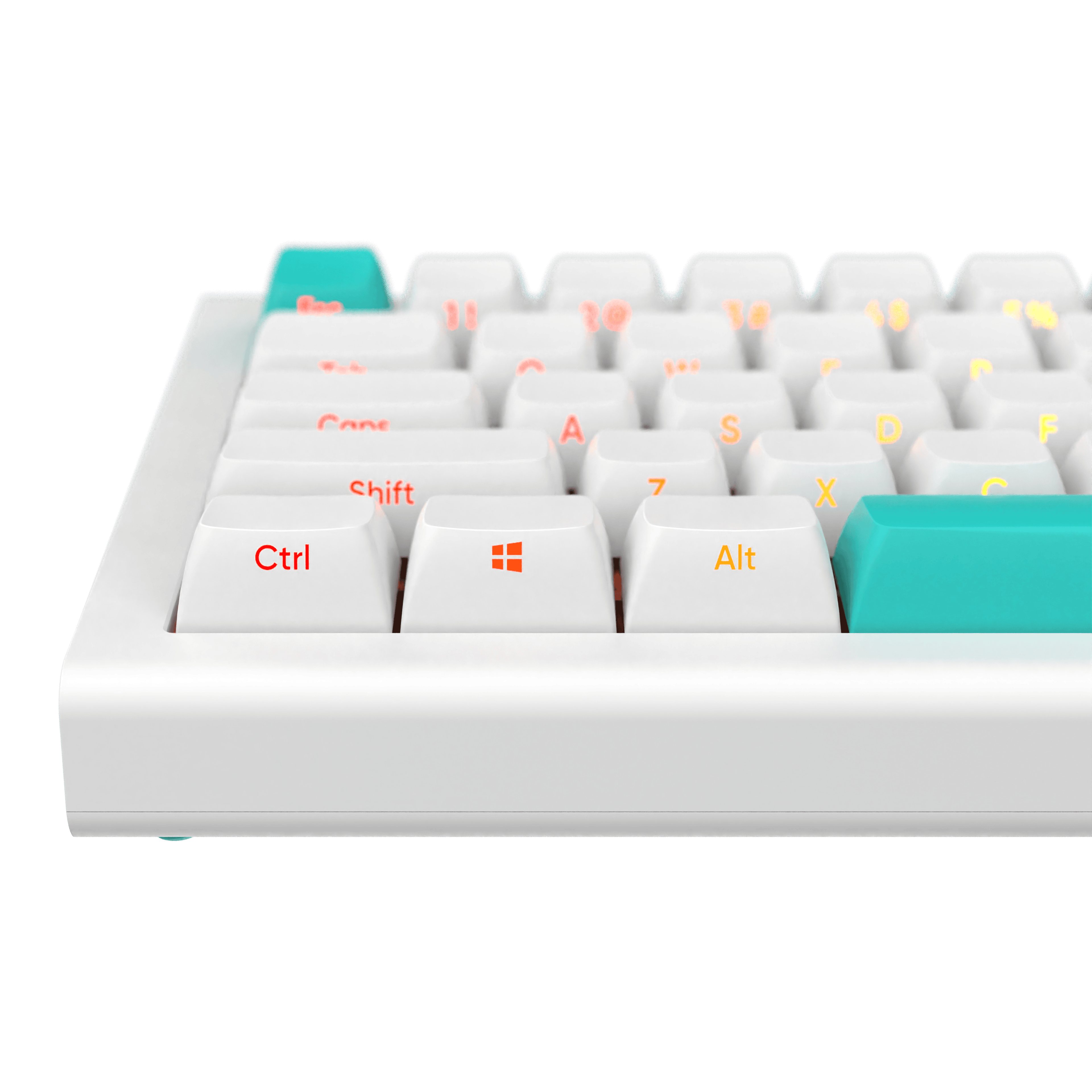 Nahaufnahme einer weißen Tastatur mit bunten Tasten. Türkisfarbene und orangefarbene Tasten sind sichtbar. Schwarzer Hintergrund.