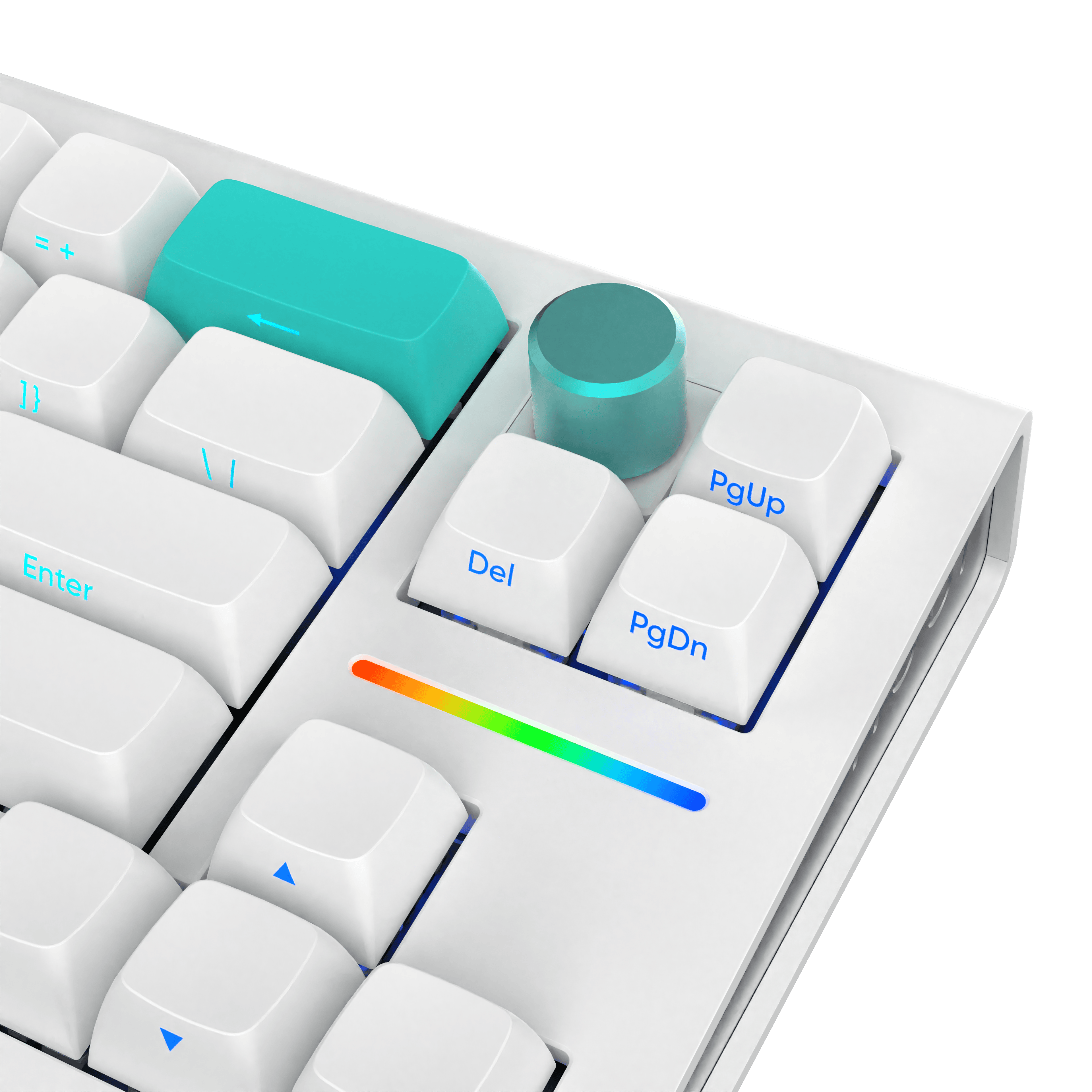 Nahaufnahme einer weißen Tastatur mit türkis- und weißen Tasten, einem Regenbogenlicht und einem schwarzen Hintergrund.
