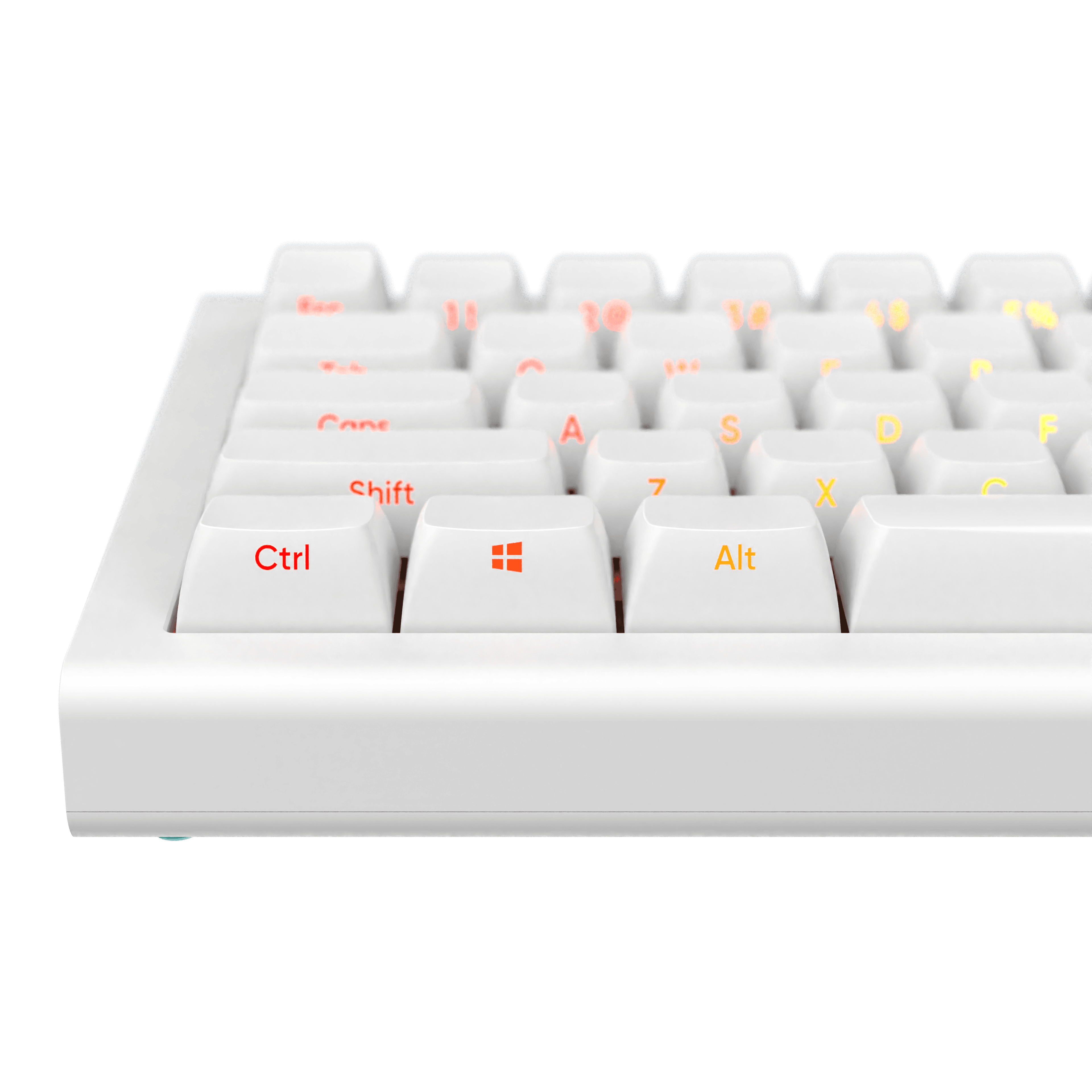 Nahaufnahme einer weißen Tastatur mit orangefarbenen und gelb beleuchteten Tasten. Die sichtbaren Tasten sind Strg, Shift, Alt und einige Buchstaben.