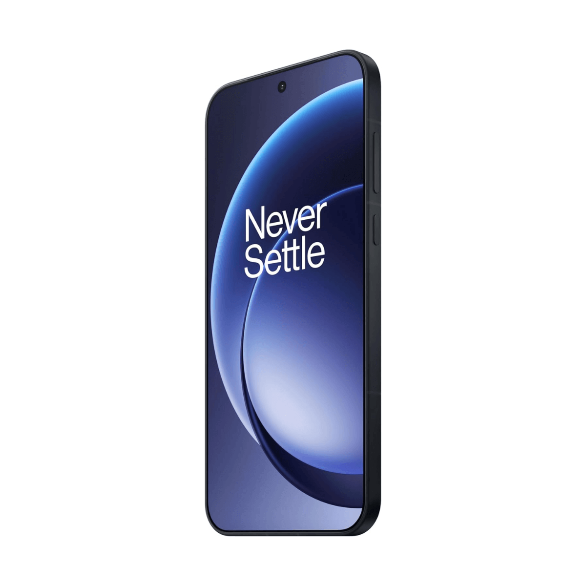 Czarny smartfon z napisem 'Never Settle' na ekranie. Telefon jest ustawiony pod kątem, pokazując ekran.