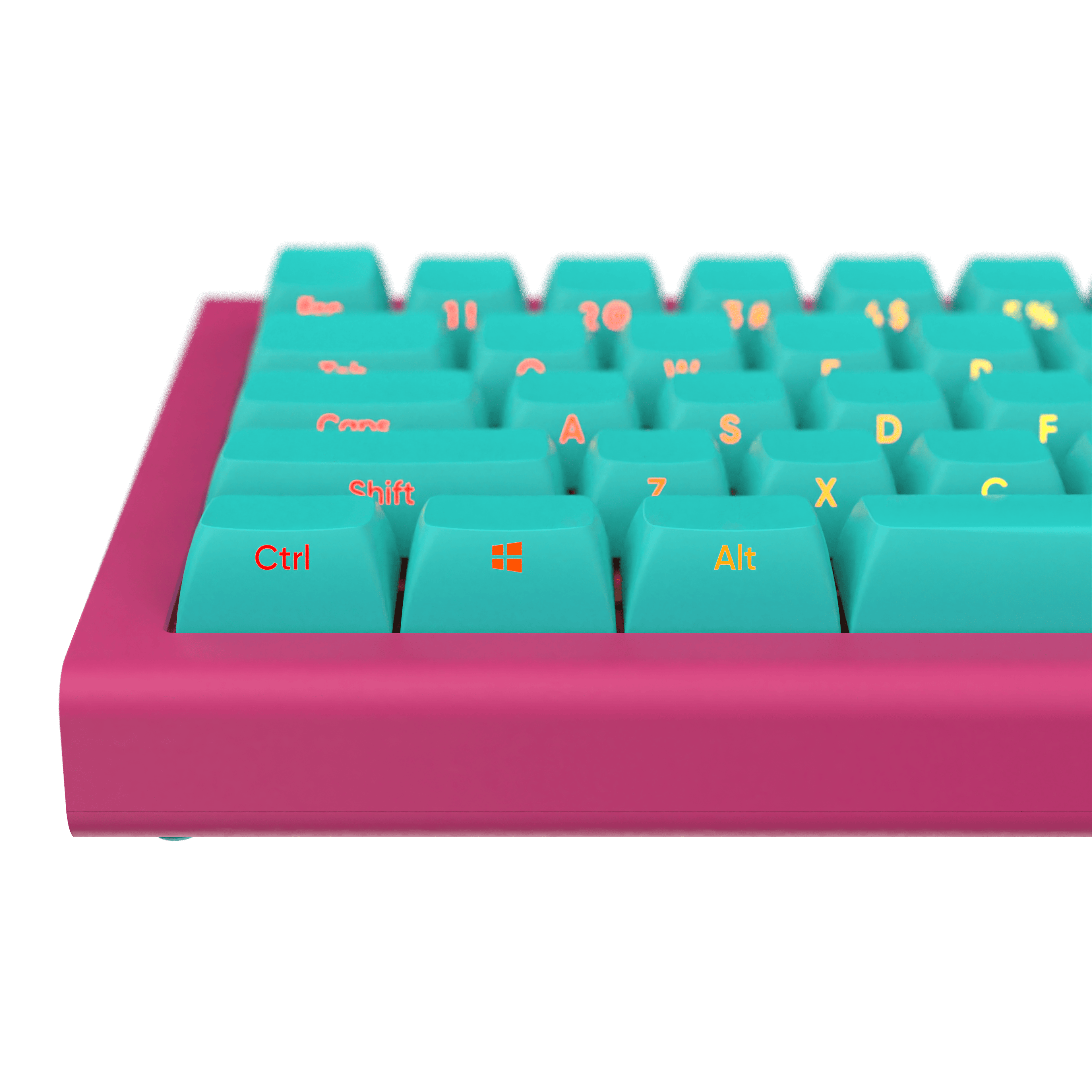 Nahaufnahme einer Tastatur mit türkisfarbenen Tasten und orangefarbenen Buchstaben. Der Rahmen ist rosa. Der Hintergrund ist schwarz.
