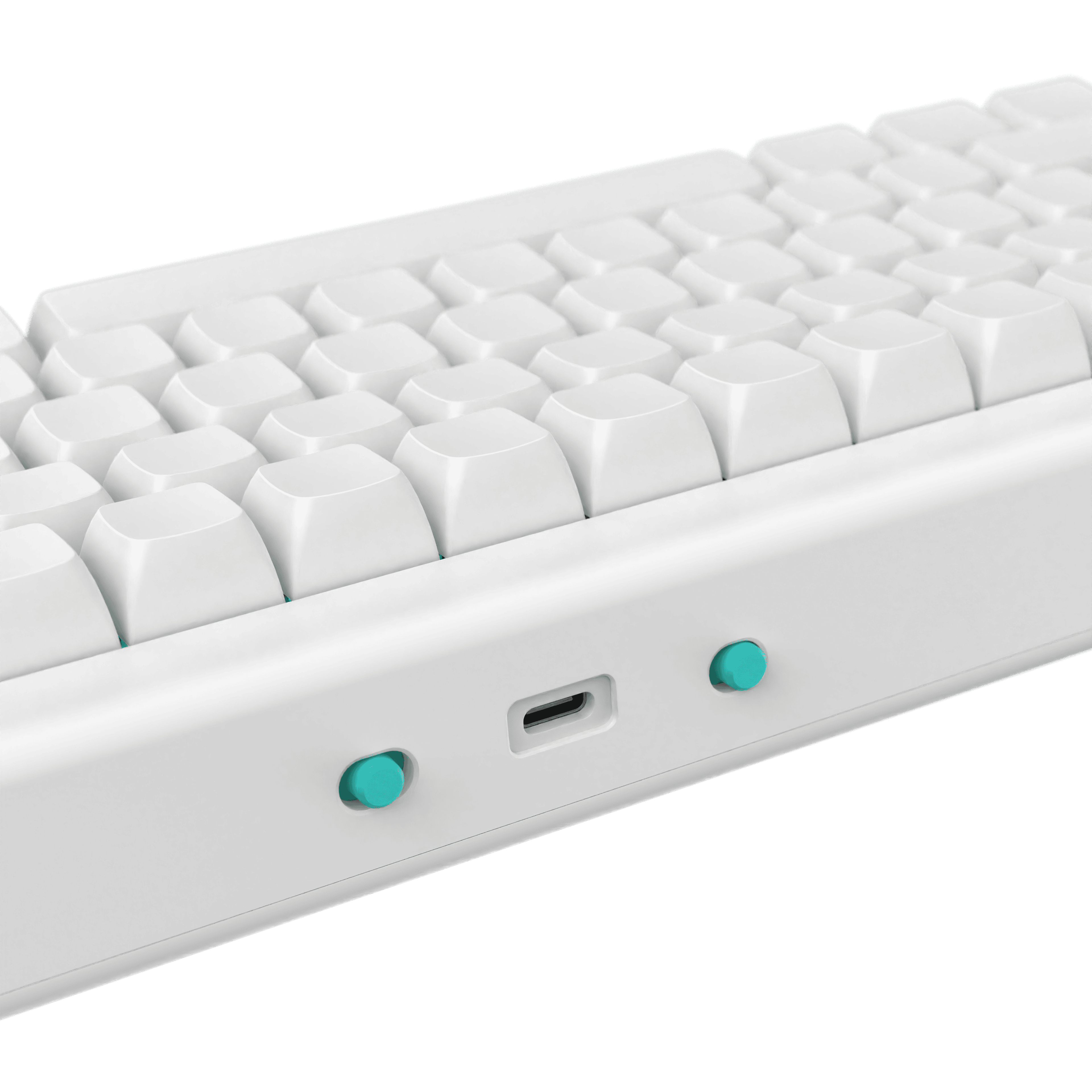 Nahaufnahme einer weißen Tastatur mit weißen Tastenkappen. Es gibt türkisfarbene Tasten und einen USB-C-Anschluss.
