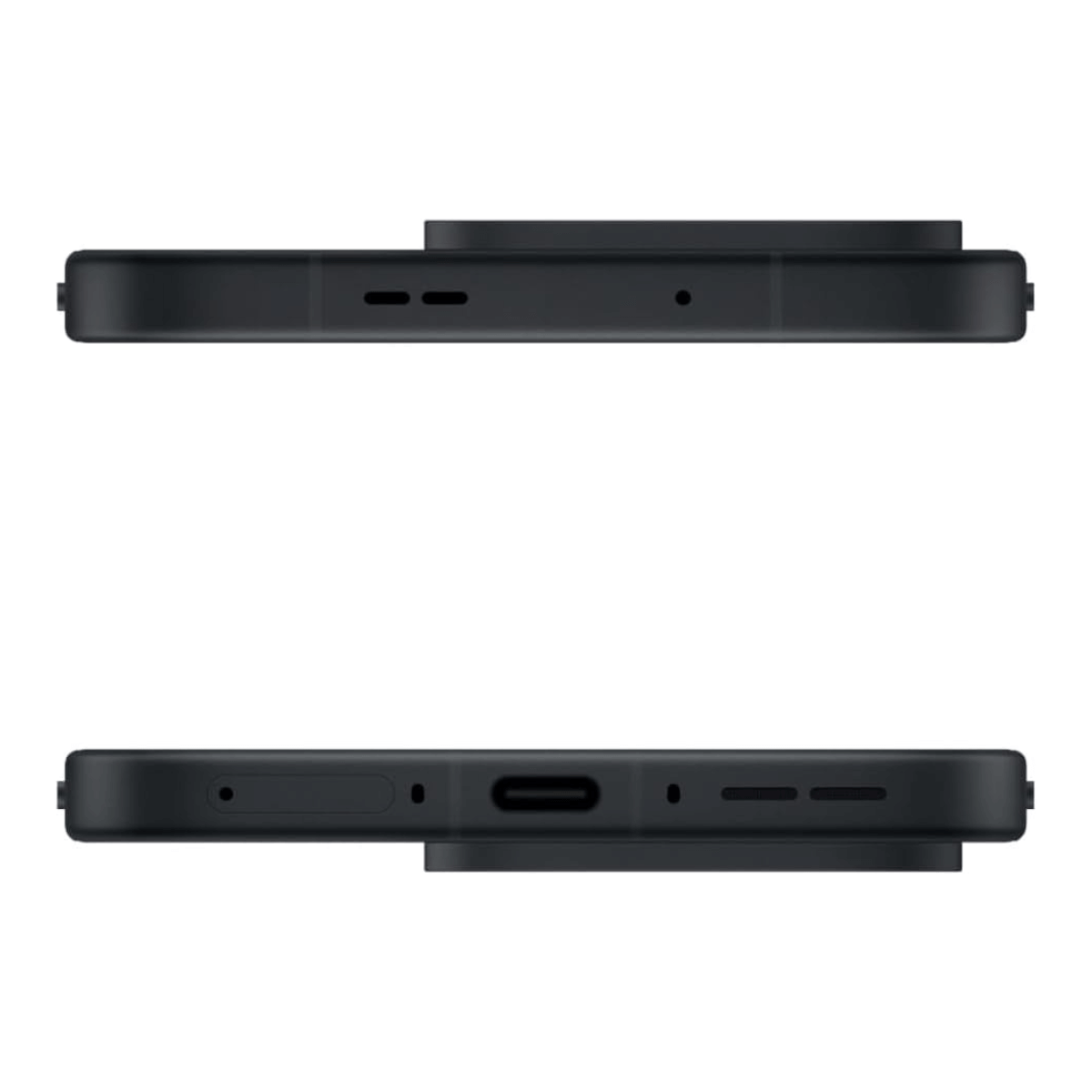 Dwa czarne smartfony z boku. Górny ma głośnik i otwory. Dolny ma port USB-C i otwory.