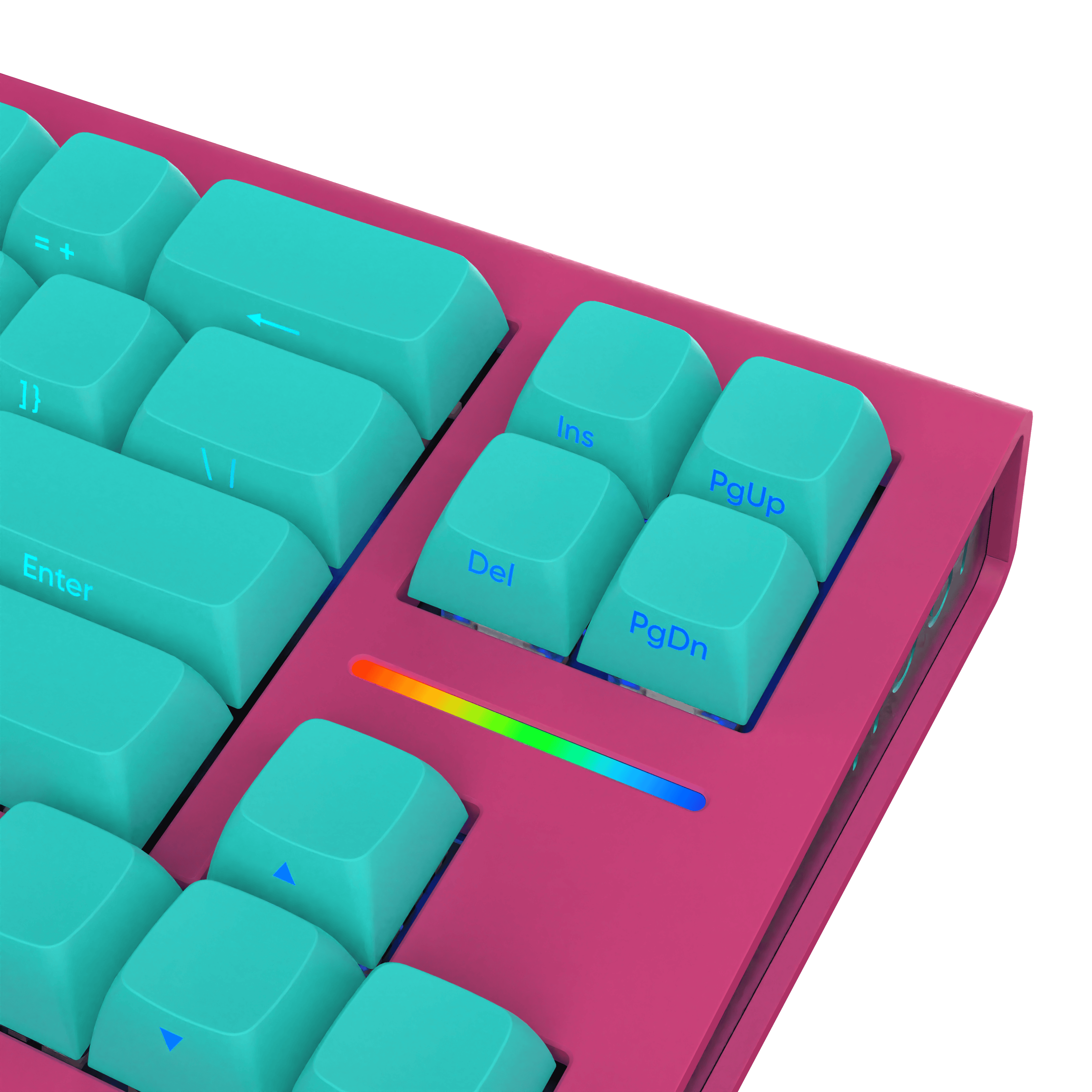Nahaufnahme einer Tastatur. Türkisfarbene Tasten mit weißen Buchstaben auf einem rosafarbenen Rahmen und eine Regenbogen-Lichtleiste. Schwarzer Hintergrund.