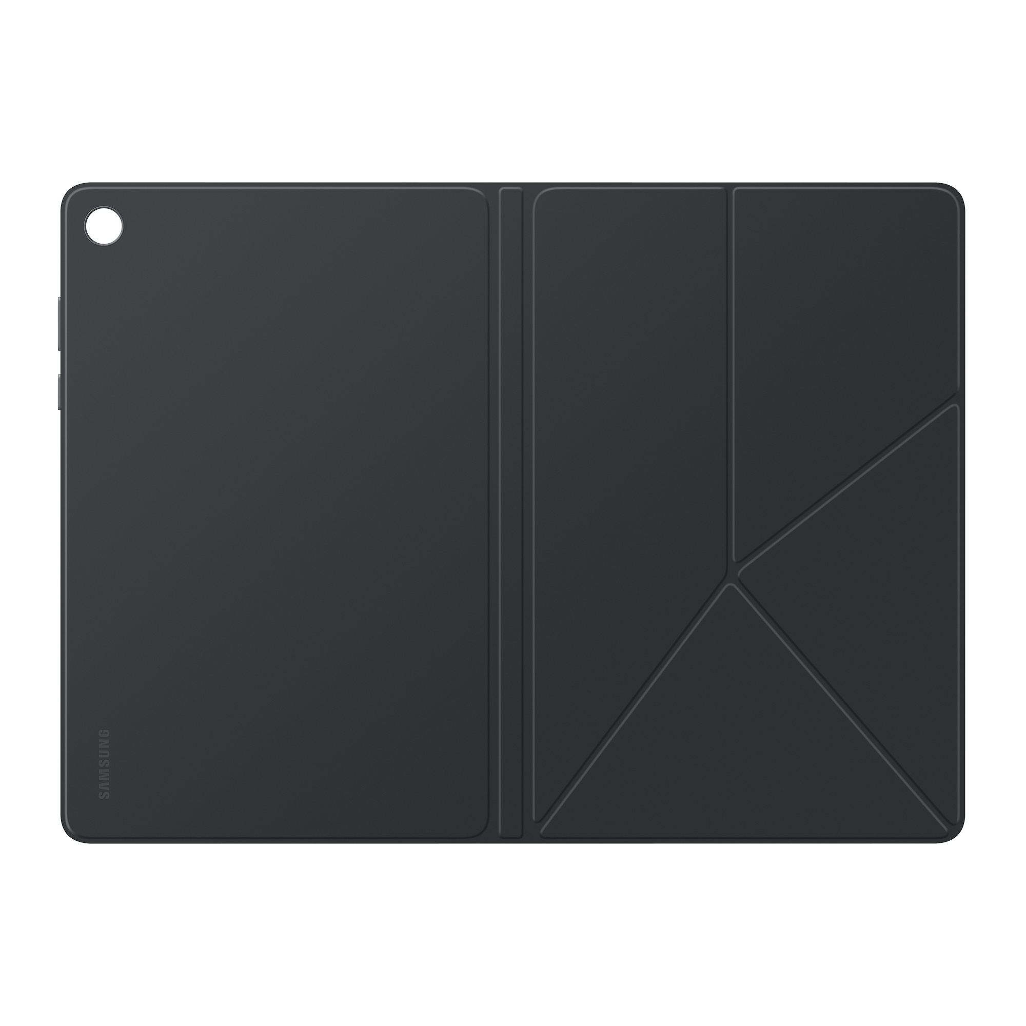 Dunkelgraue Samsung Tablet-Hülle, gefaltet. Mit Kameraloch, Samsung-Logo und geometrischem Faltdesign.
