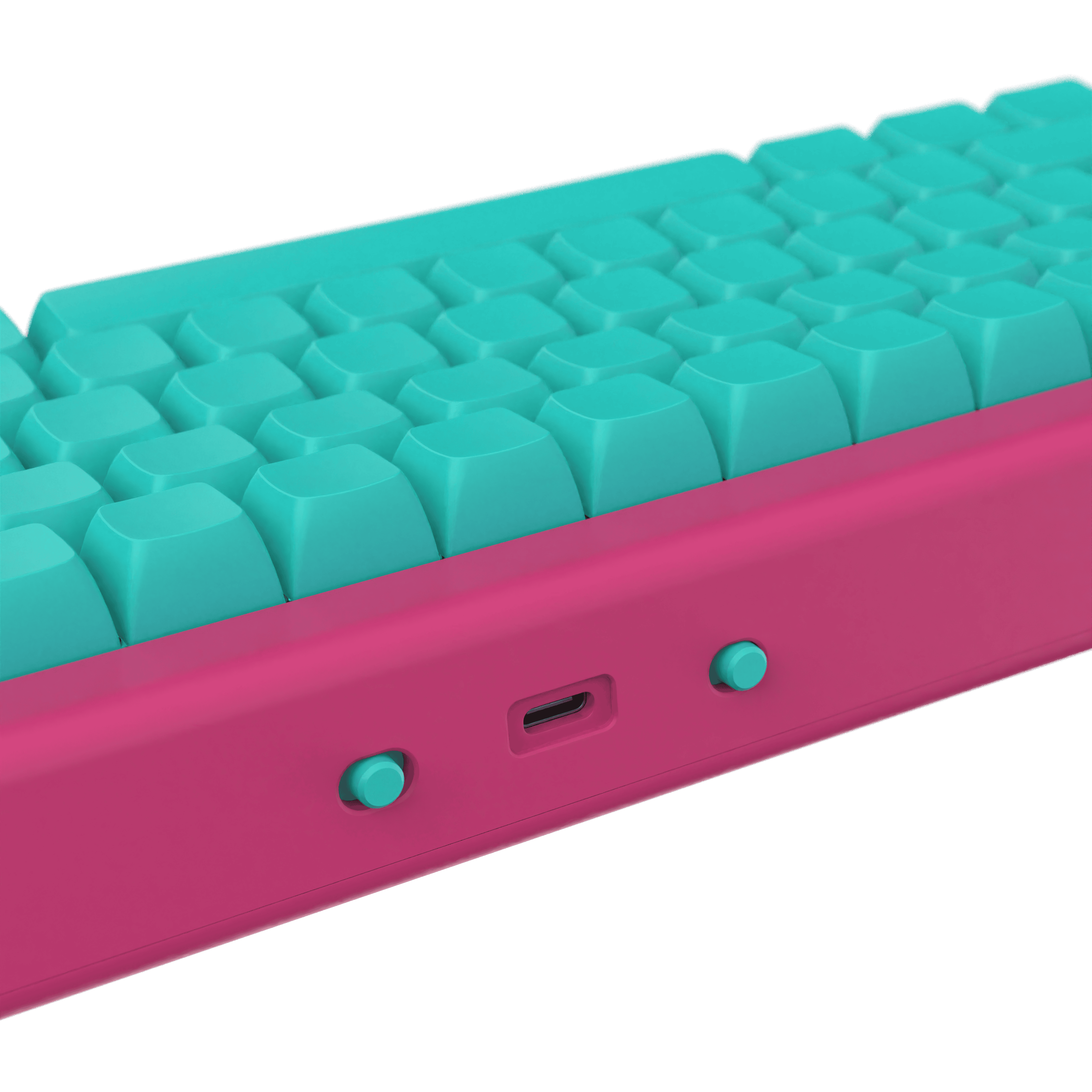 Nahaufnahme einer Tastatur mit türkisfarbenen Tasten und einer pinkfarbenen Basis, mit Knöpfen und einem USB-Anschluss.