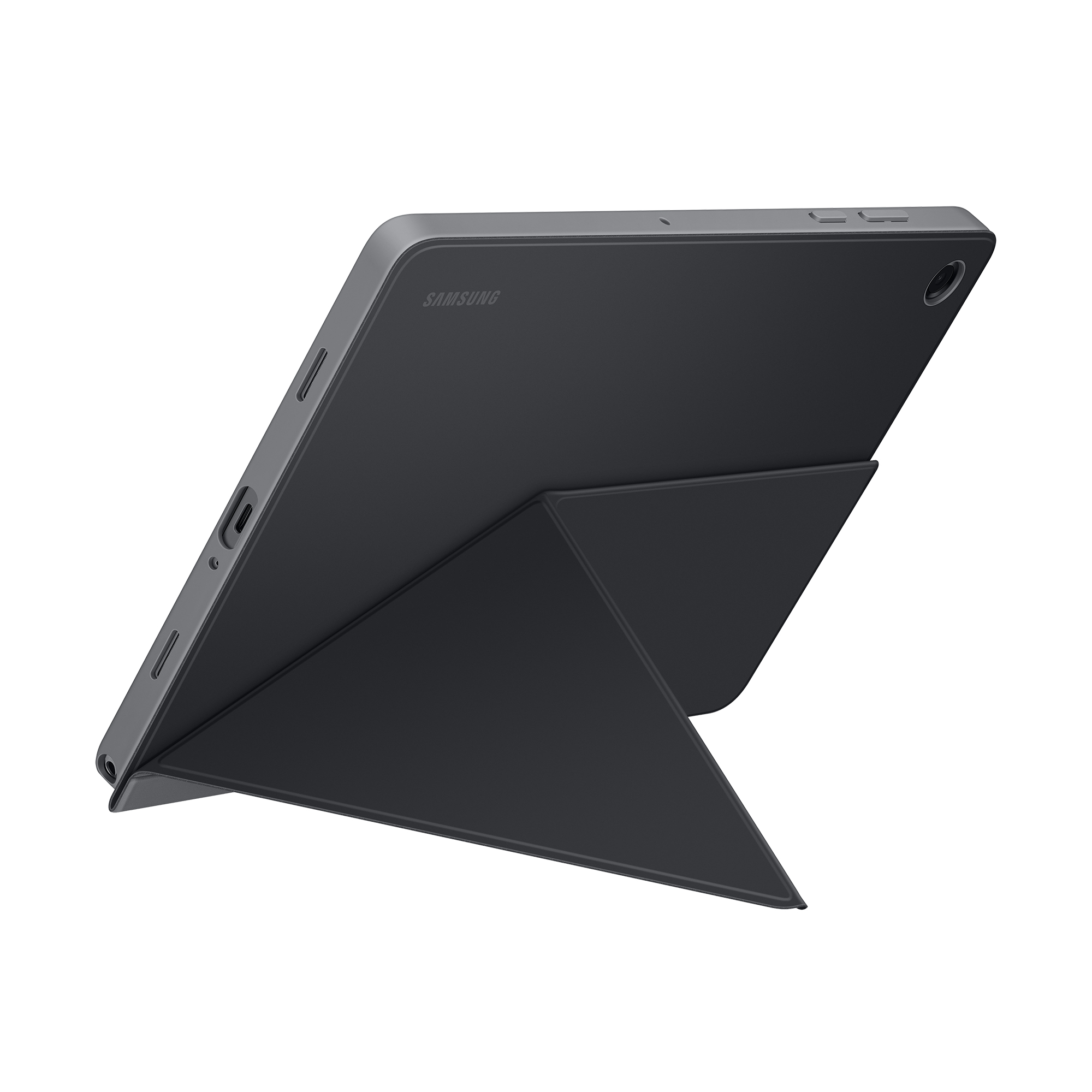 Schwarzes Samsung-Tablet mit dunklergrauer Hülle. Die Hülle stützt das Tablet. Der Hintergrund ist weiß.