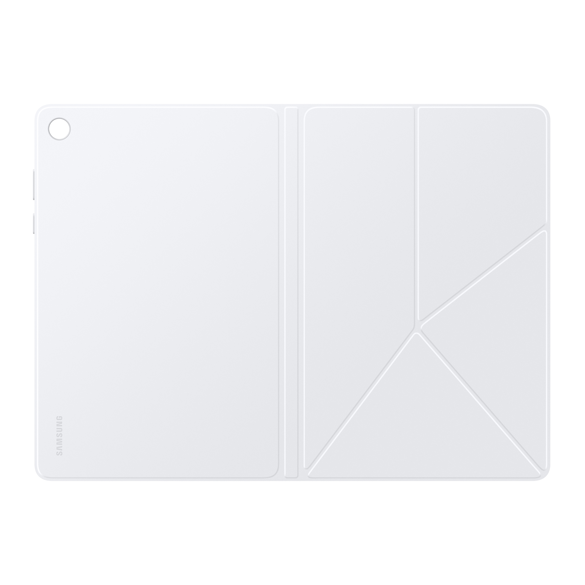 White Samsung tablet case, open. The case has a camera hole and the Samsung logo. The cover has geometric folds.
