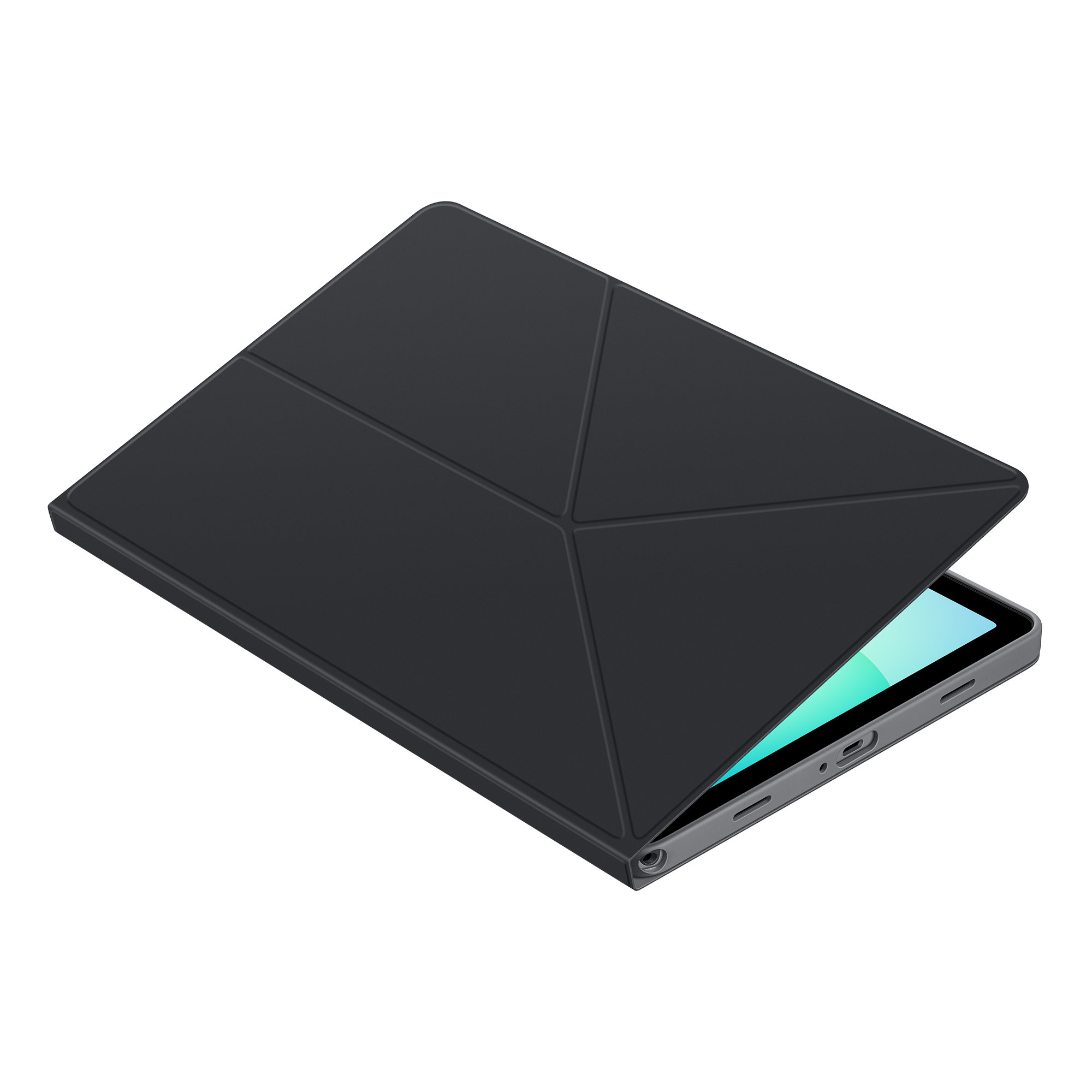 Schwarzes Tablet mit dunkelgrauer Hülle, die teilweise geöffnet ist. Der Bildschirm ist mit einem hellblauen Schein sichtbar.