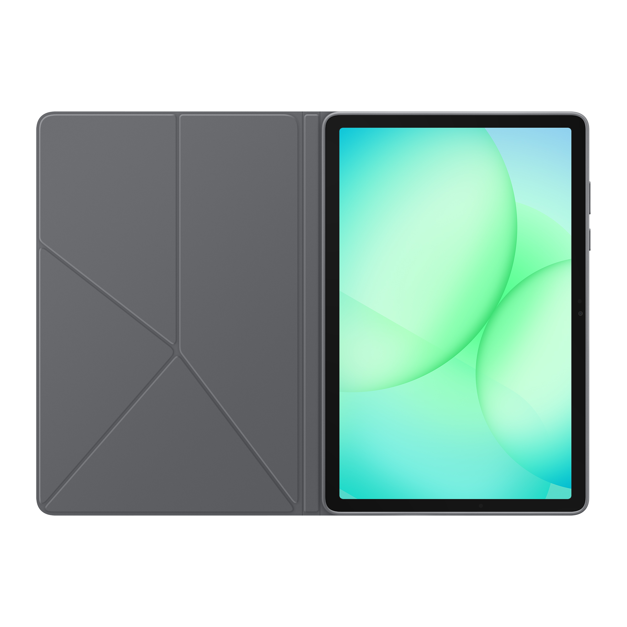 Tablet mit geöffnetem grauem Gehäuse. Der Bildschirm zeigt einen grünen und blauen Farbverlauf mit zwei großen, verschwommenen Kreisen.