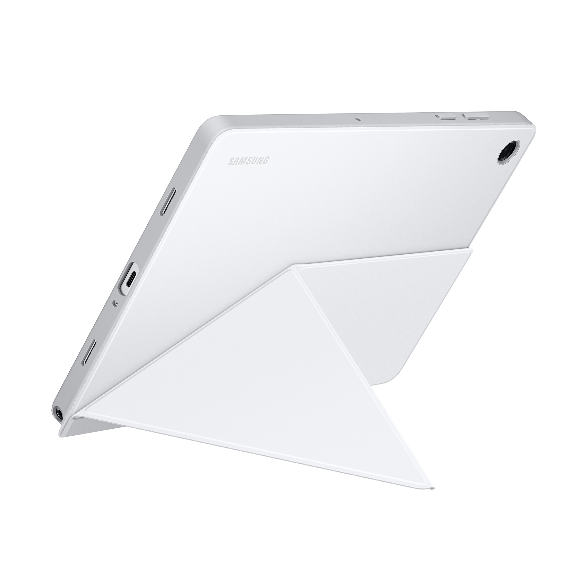 A white Samsung tablet with a white cover. The tablet is angled to show the side with ports and buttons. The cover acts as a stand.