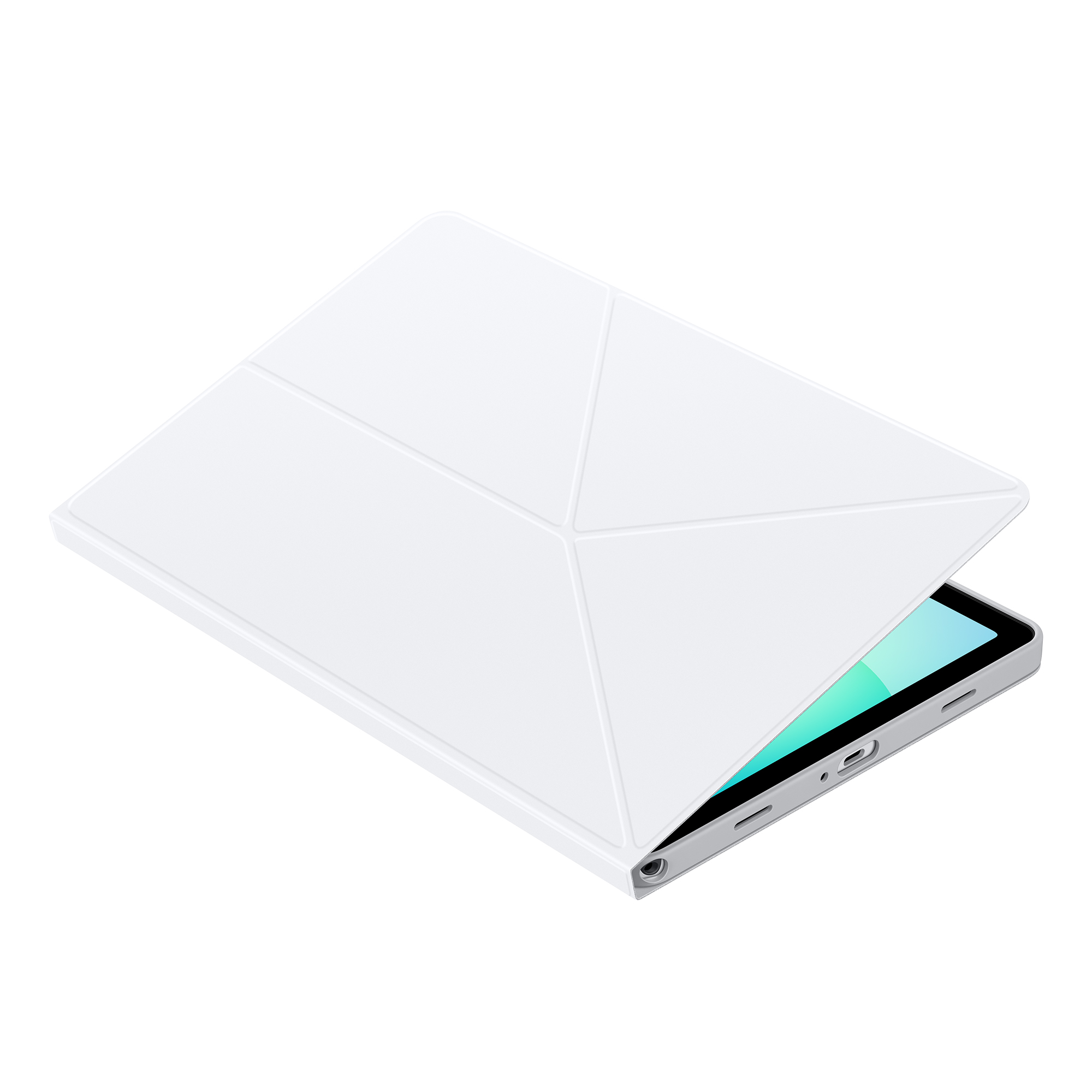 White tablet with cover partially open, revealing screen. Cover has a geometric design. Set against a white background.