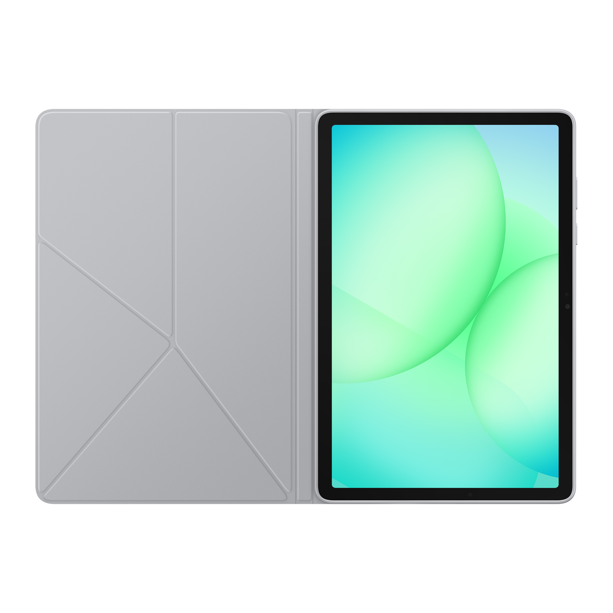 Tablet with a gray cover open. The screen shows green and blue gradient bubbles. White background.