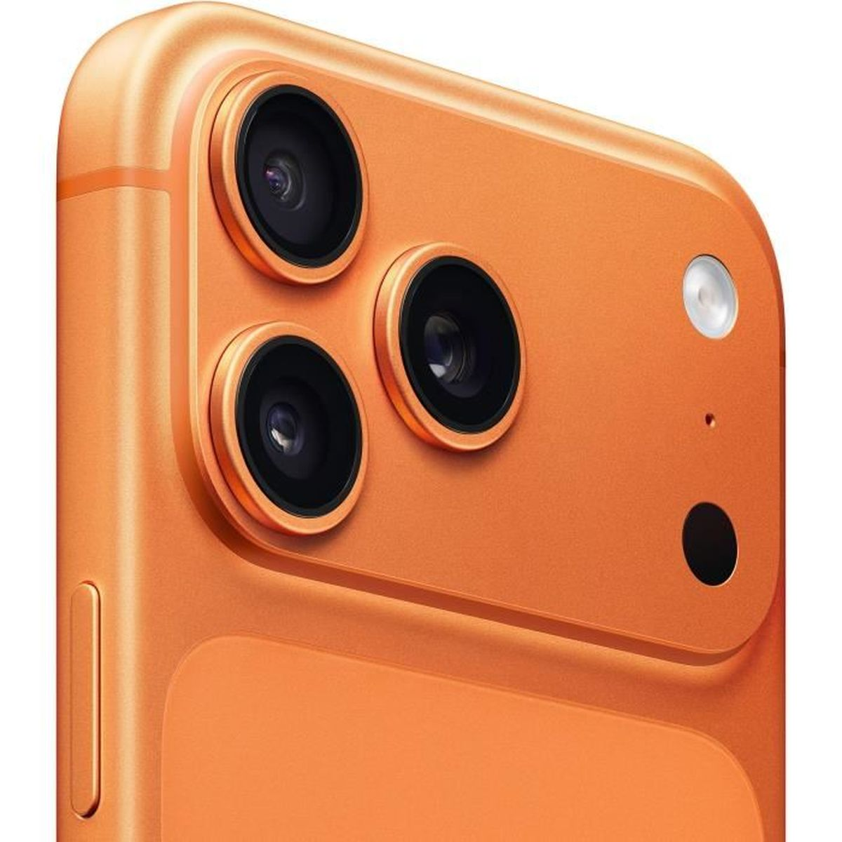 Primer plano de la parte trasera de un smartphone naranja. Tres lentes de cámara negras, un flash y un punto negro son visibles.