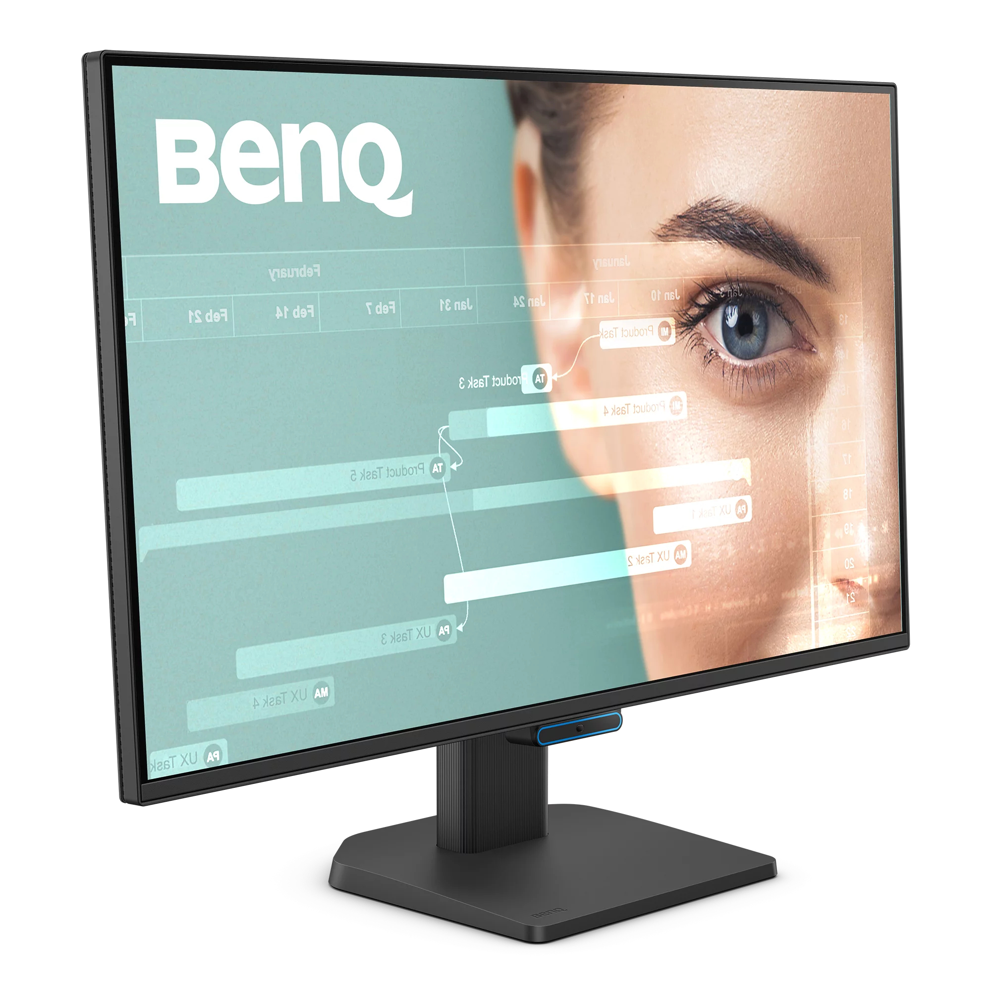 Ein Computermonitor zeigt ein Frauenauge und ein BenQ-Logo. Der Bildschirm hat Datenvisualisierungen.