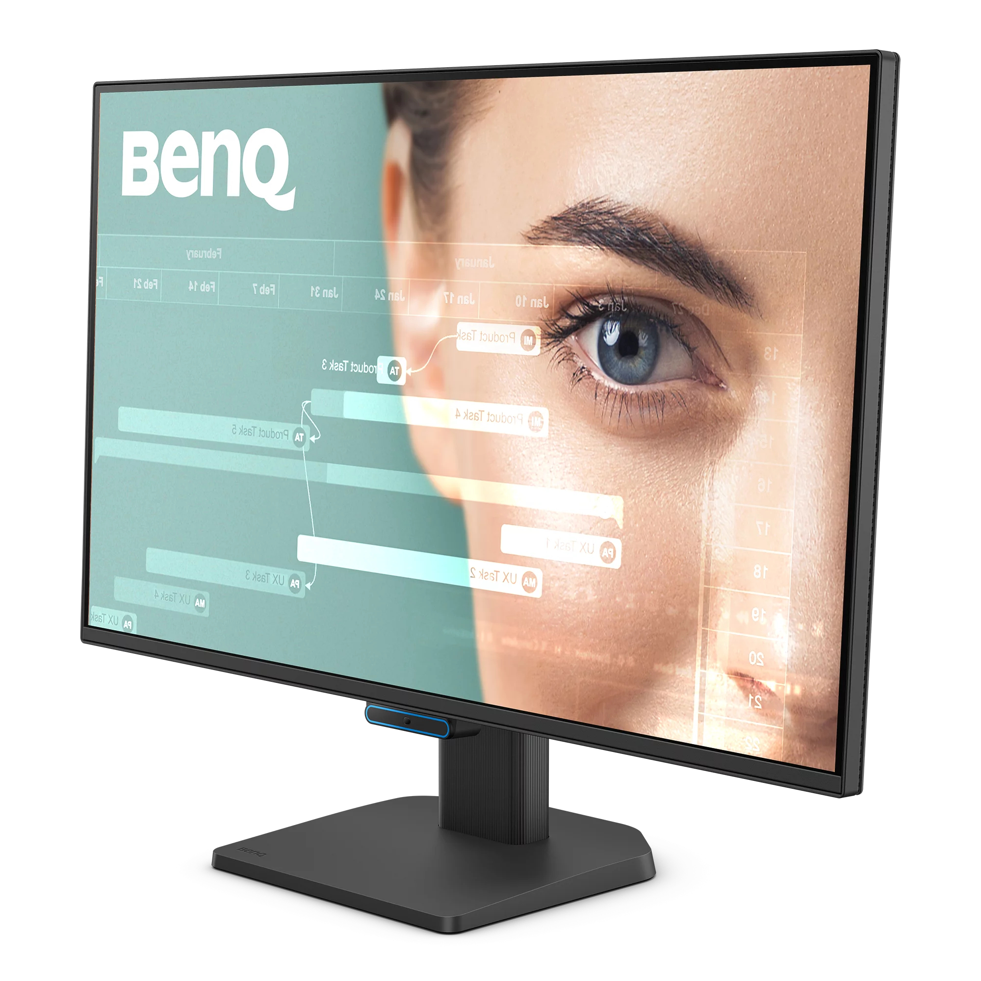 Ein Computermonitor mit einem Auge einer Frau im Hintergrund. Der Bildschirm zeigt Daten an. Der Monitor hat einen schwarzen Rahmen und Ständer.
