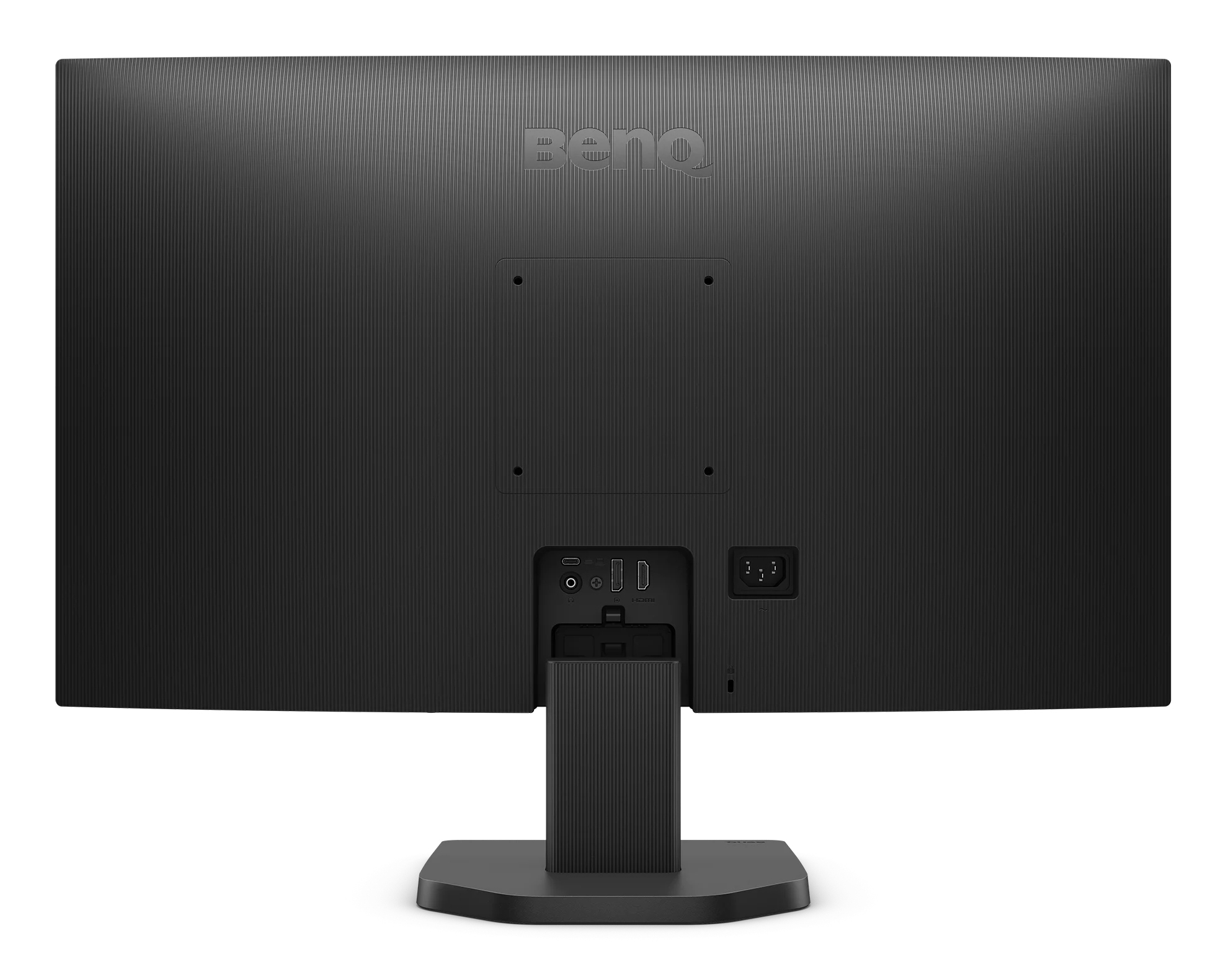 Rückansicht eines schwarzen BenQ-Monitors. Anschlüsse, Stromeingang und Ständer sind vor weißem Hintergrund sichtbar.
