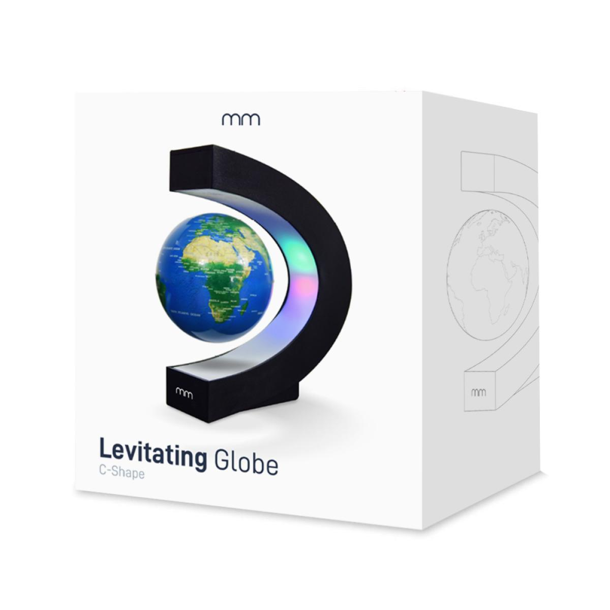 Een zwevende wereldbol wordt getoond op een witte doos. De bol zweeft in een zwart C-vormig frame. De doos is gelabeld met 'Levitating Globe'.