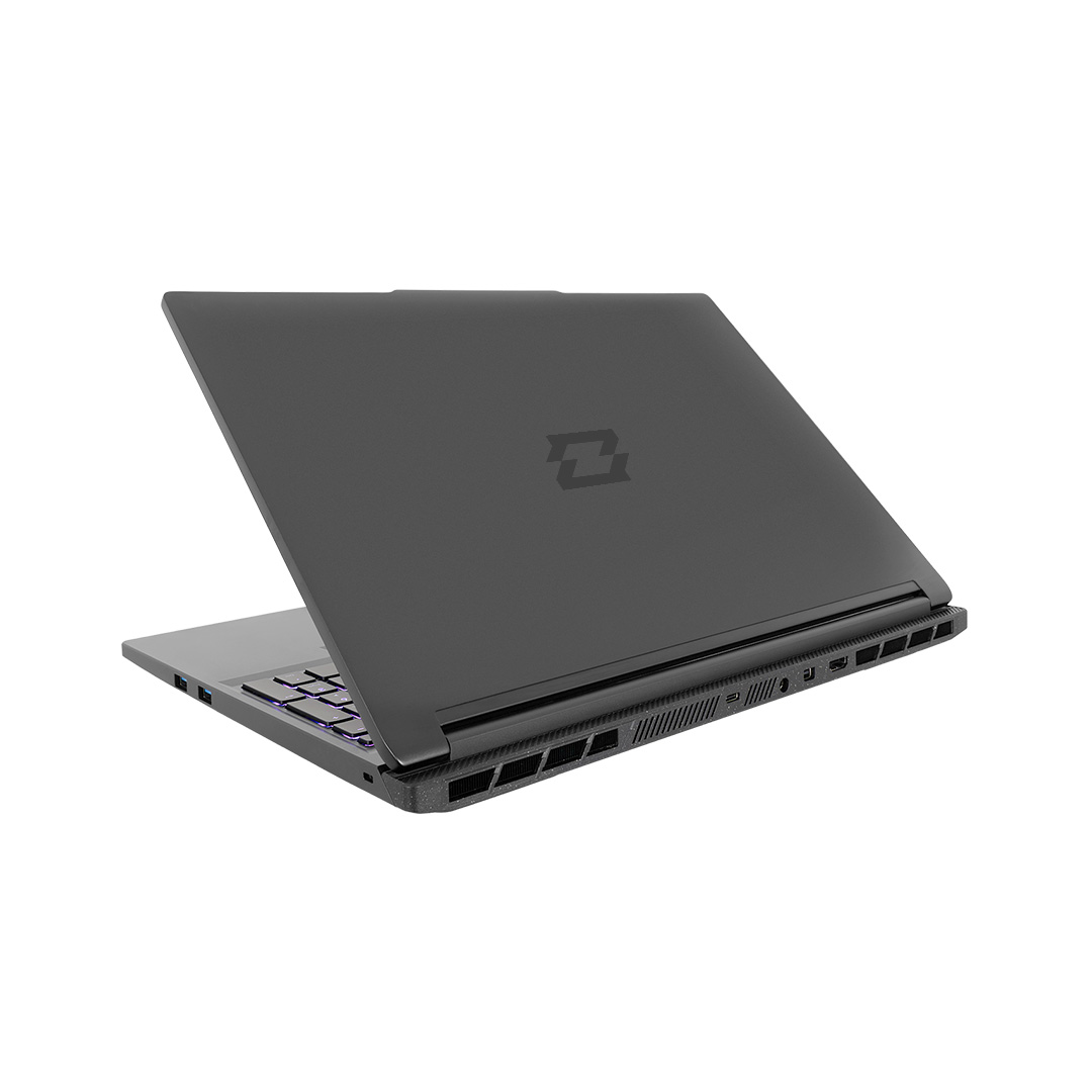 Un laptop grigio scuro è aperto, mostrando la tastiera e il retro. È su sfondo bianco. Il logo del marchio è visibile.
