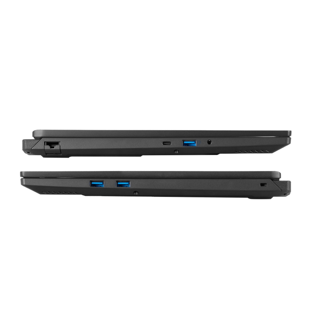 Due laptop neri affiancati, che mostrano porte e dettagli. Porte USB visibili. Su sfondo bianco.