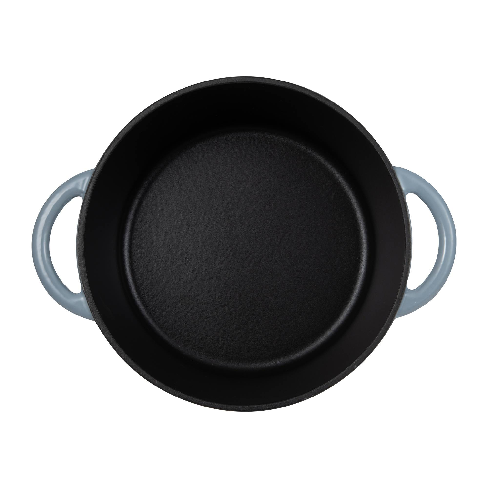 Vista superior de una olla de hierro fundido negra con dos asas grises sobre fondo blanco.