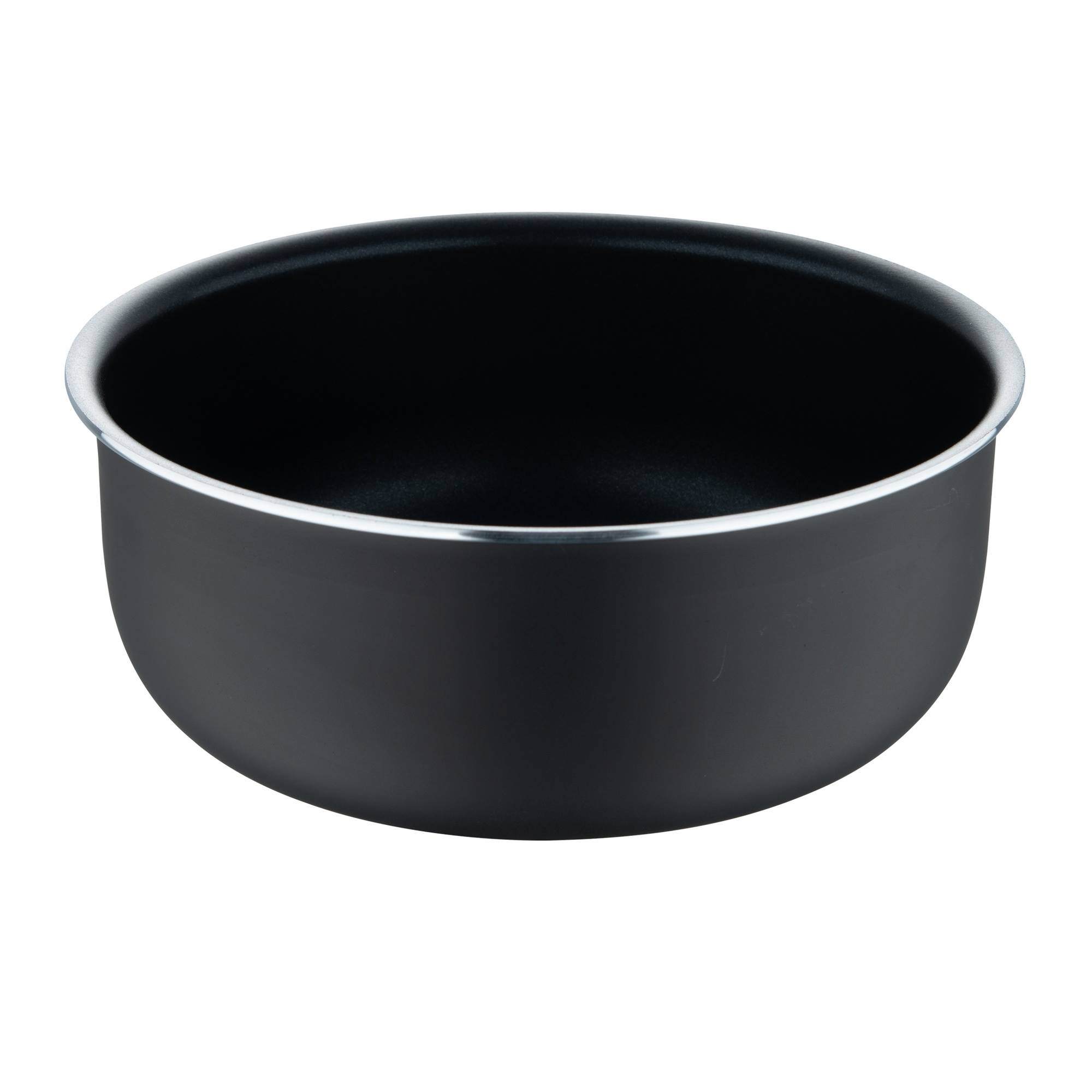 Un cuenco gris oscuro sobre fondo blanco. El interior es negro y el borde plateado.