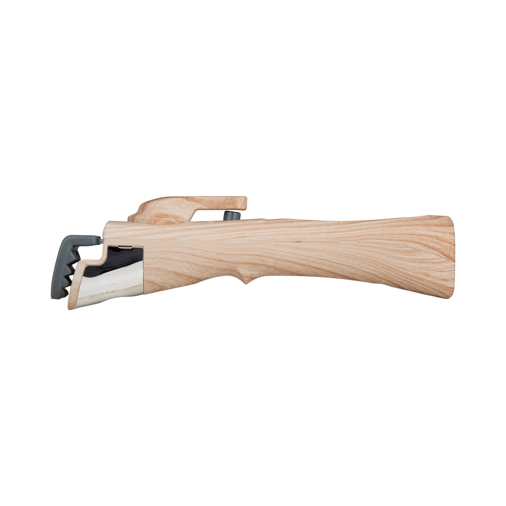 Una herramienta de madera con mango, hoja de metal y agarre gris oscuro, aislada sobre blanco.