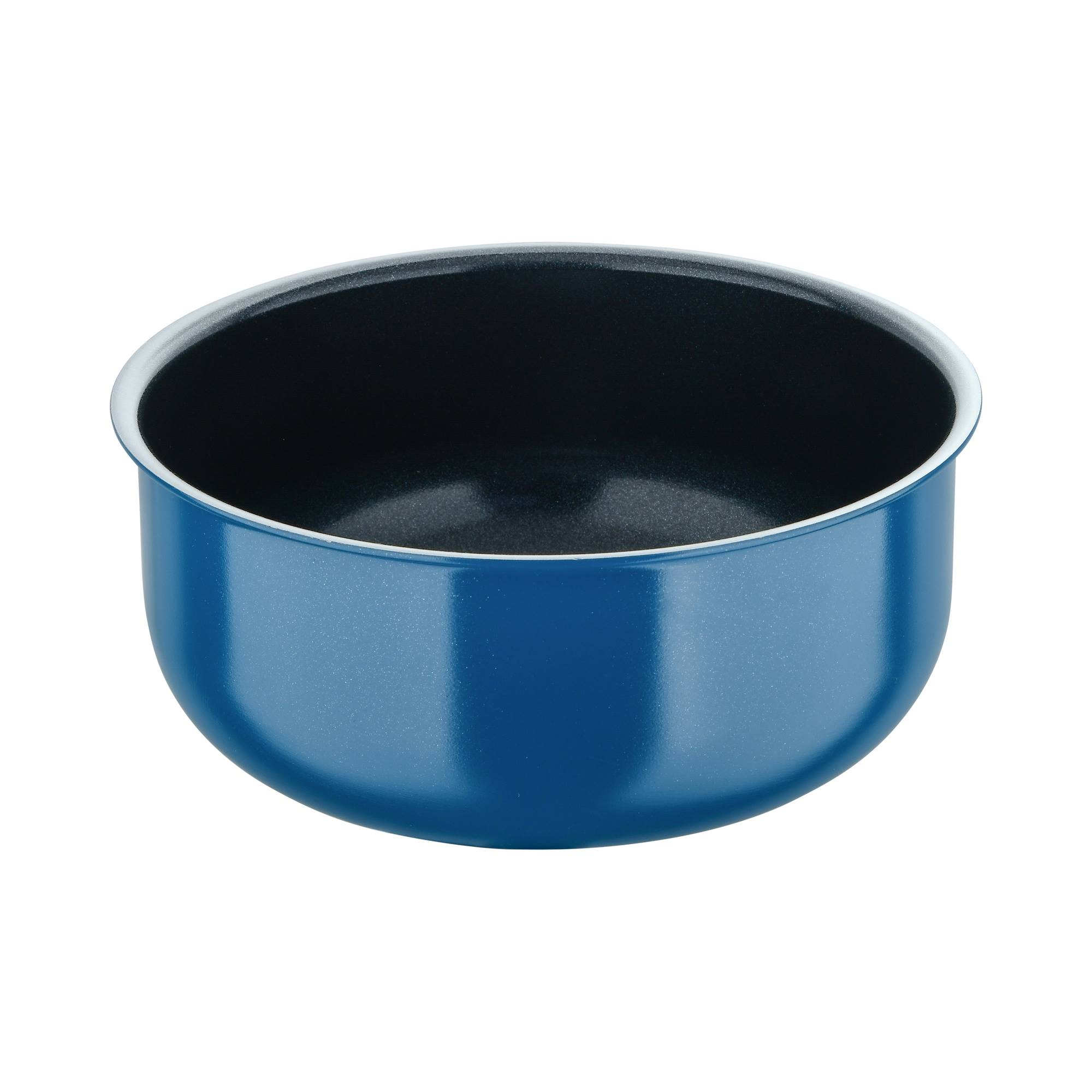 Una olla azul con borde blanco e interior negro, aislada sobre fondo blanco.