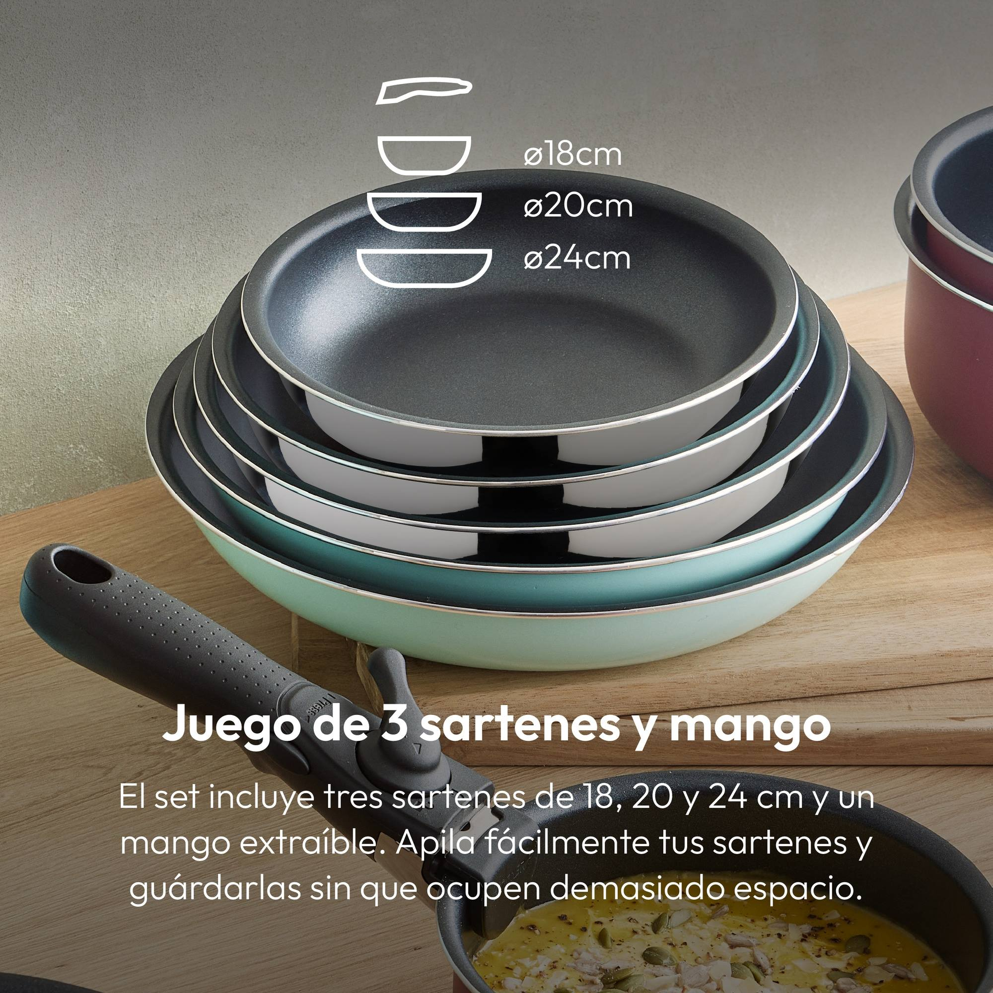 Juego de tres sartenes apiladas con tamaños y dimensiones mostradas. También hay un asa desmontable.