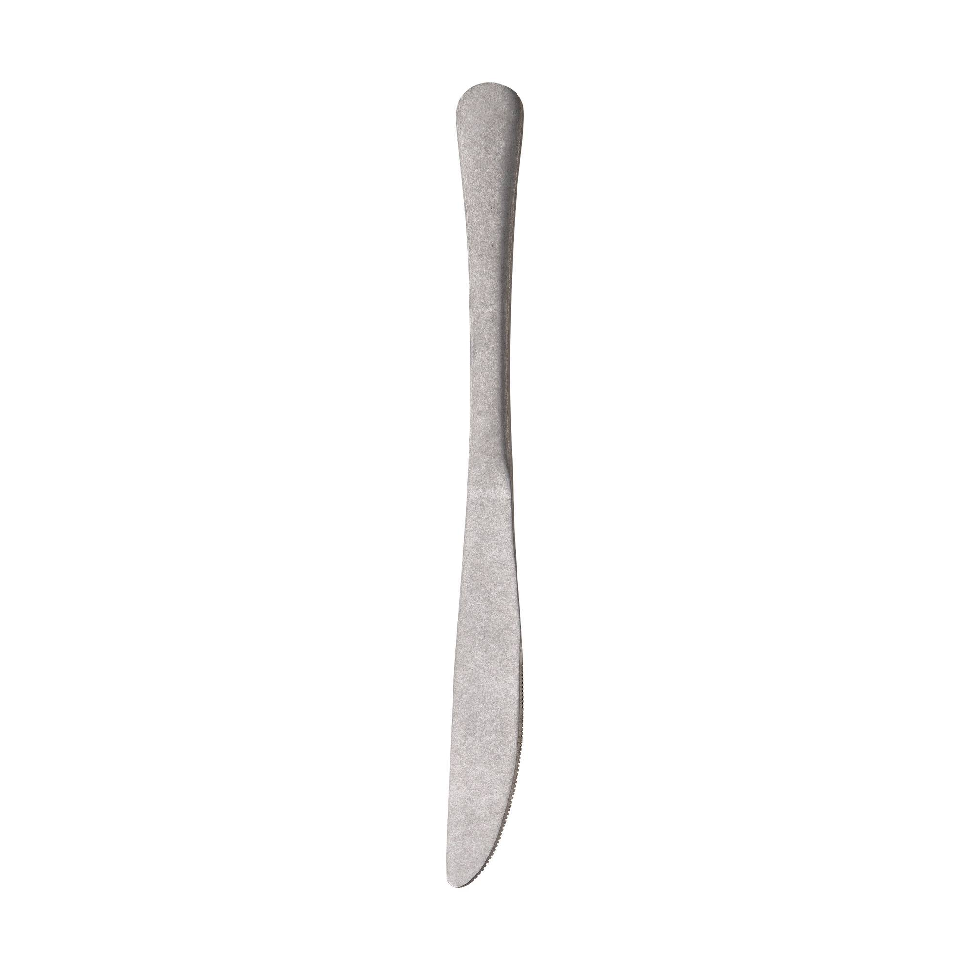 Primer plano de un cuchillo de mantequilla plateado, centrado sobre un fondo blanco.