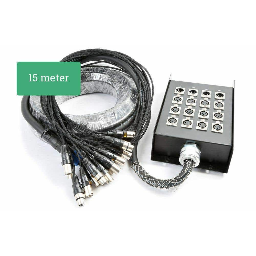 Un haz de cables y conectores negros, una caja metálica con varias entradas y una etiqueta verde que dice '15 metros'.