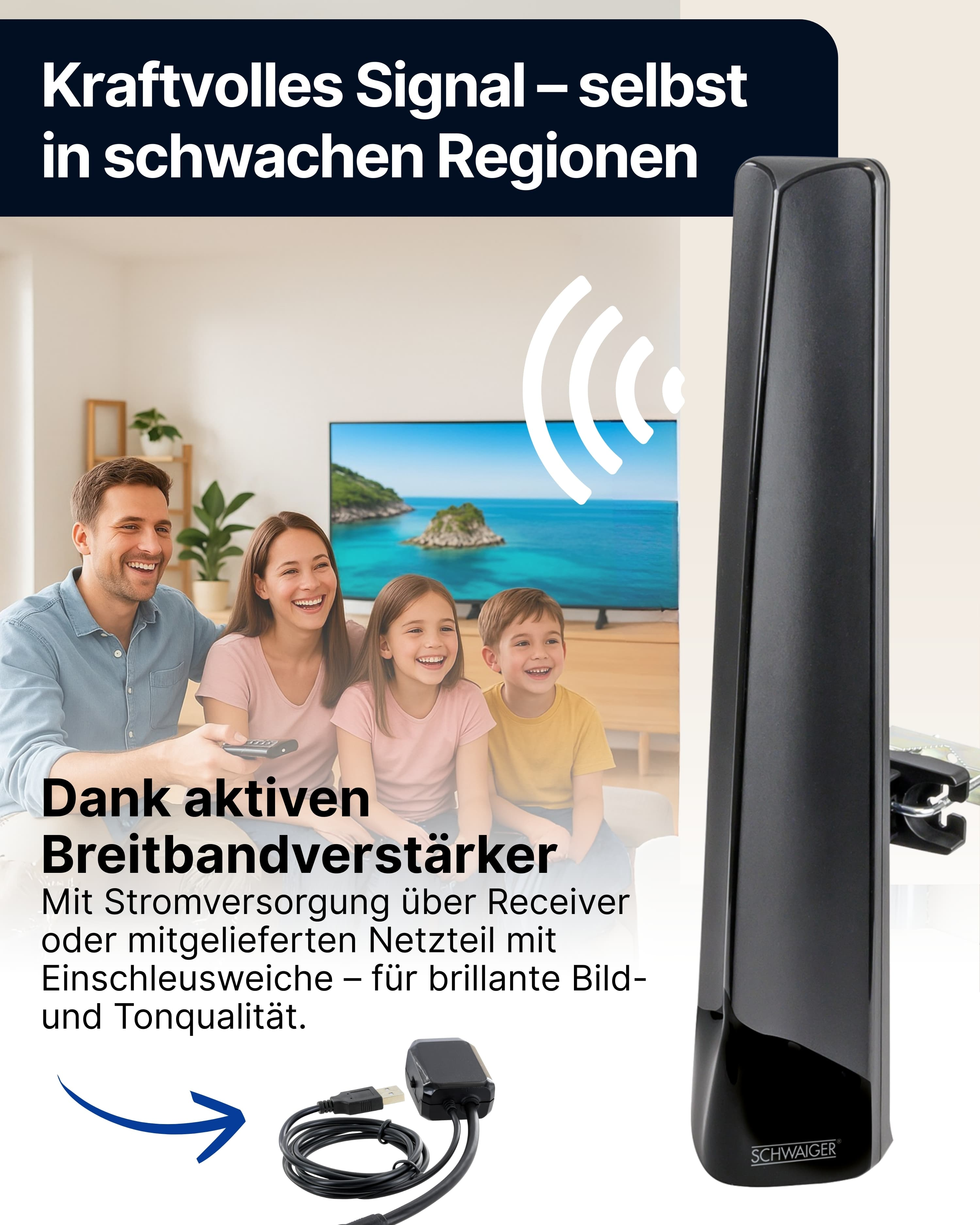 Familie schaut fern. Schwarze Antenne rechts. Text: Starkes Signal in schwachen Regionen. Produkt mit Kabel.