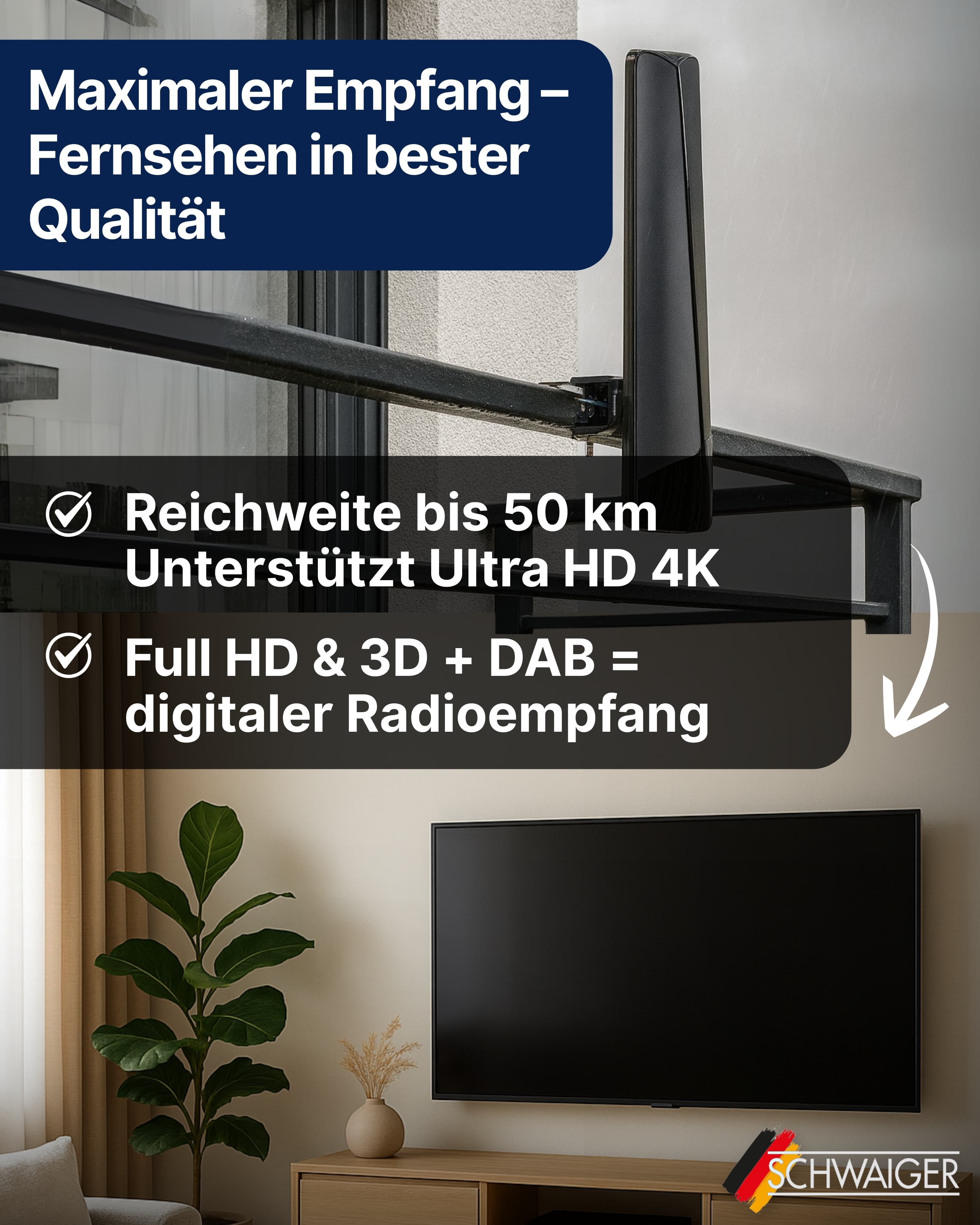 Eine Antenne mit Text über TV-Empfang. Ein Fernseher und eine Pflanze sind im Hintergrund. Das Logo ist SCHWAIGER.
