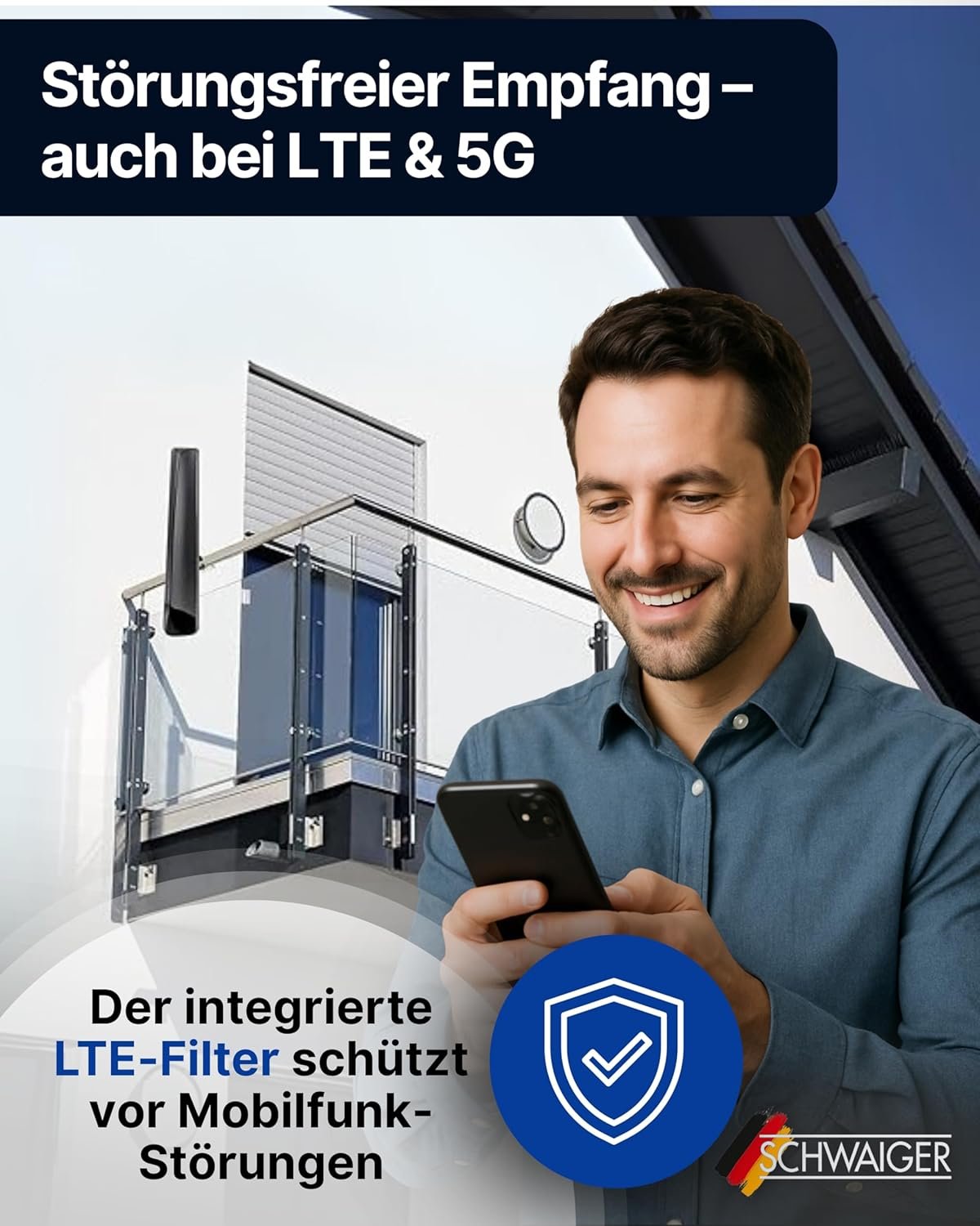 Ein Mann lächelt, während er ein Telefon hält. Deutscher Text erwähnt LTE und 5G. Ein blaues Schild mit einem Häkchen ist sichtbar.