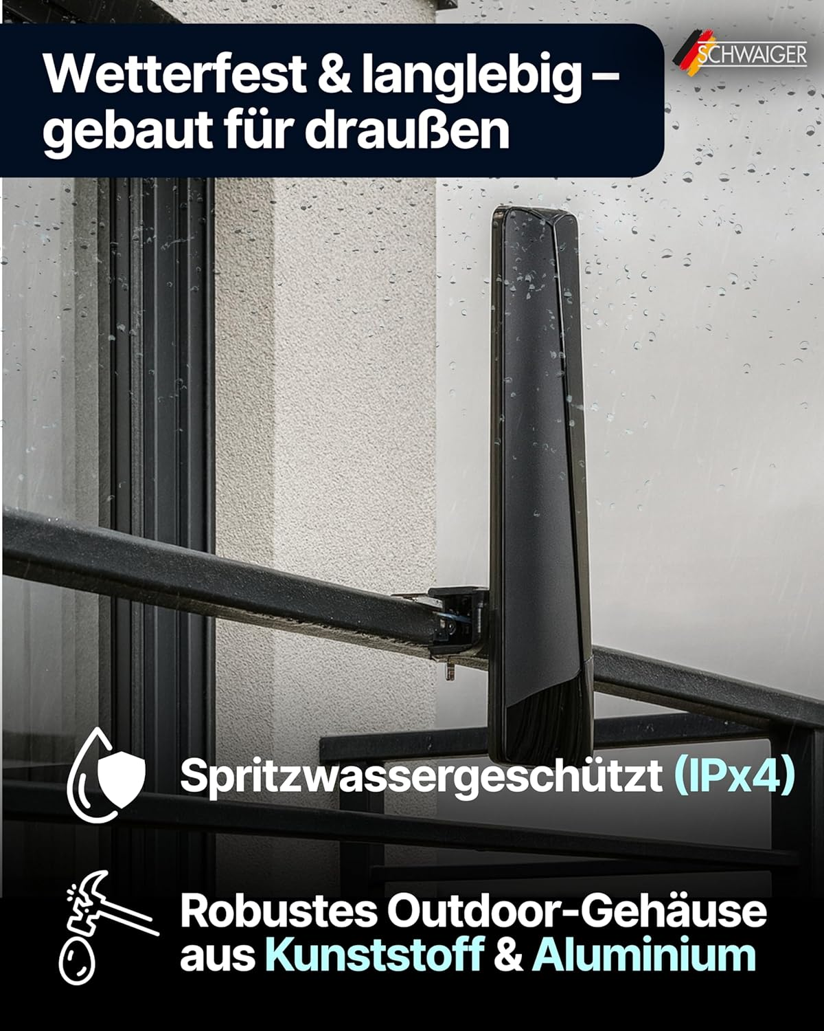 Ein schwarzes Außengerät an einer Wand montiert. Text sagt 'Wetterfest & langlebig', 'Spritzwassergeschützt' und 'Robustes Outdoor-Gehäuse'.
