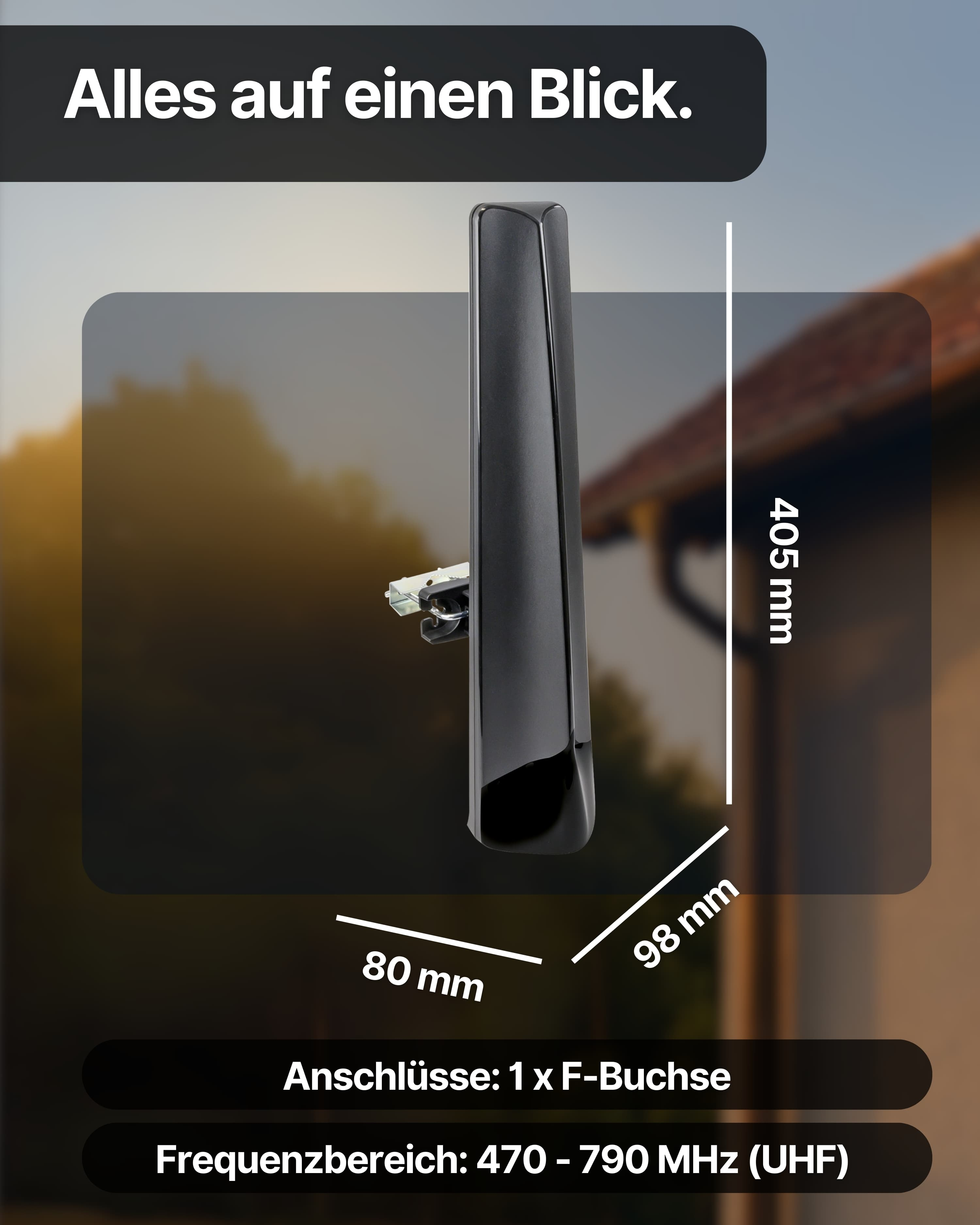 Eine schwarze Antenne mit Maßangaben. Text enthält 'Alles auf einen Blick' und Frequenzdetails.