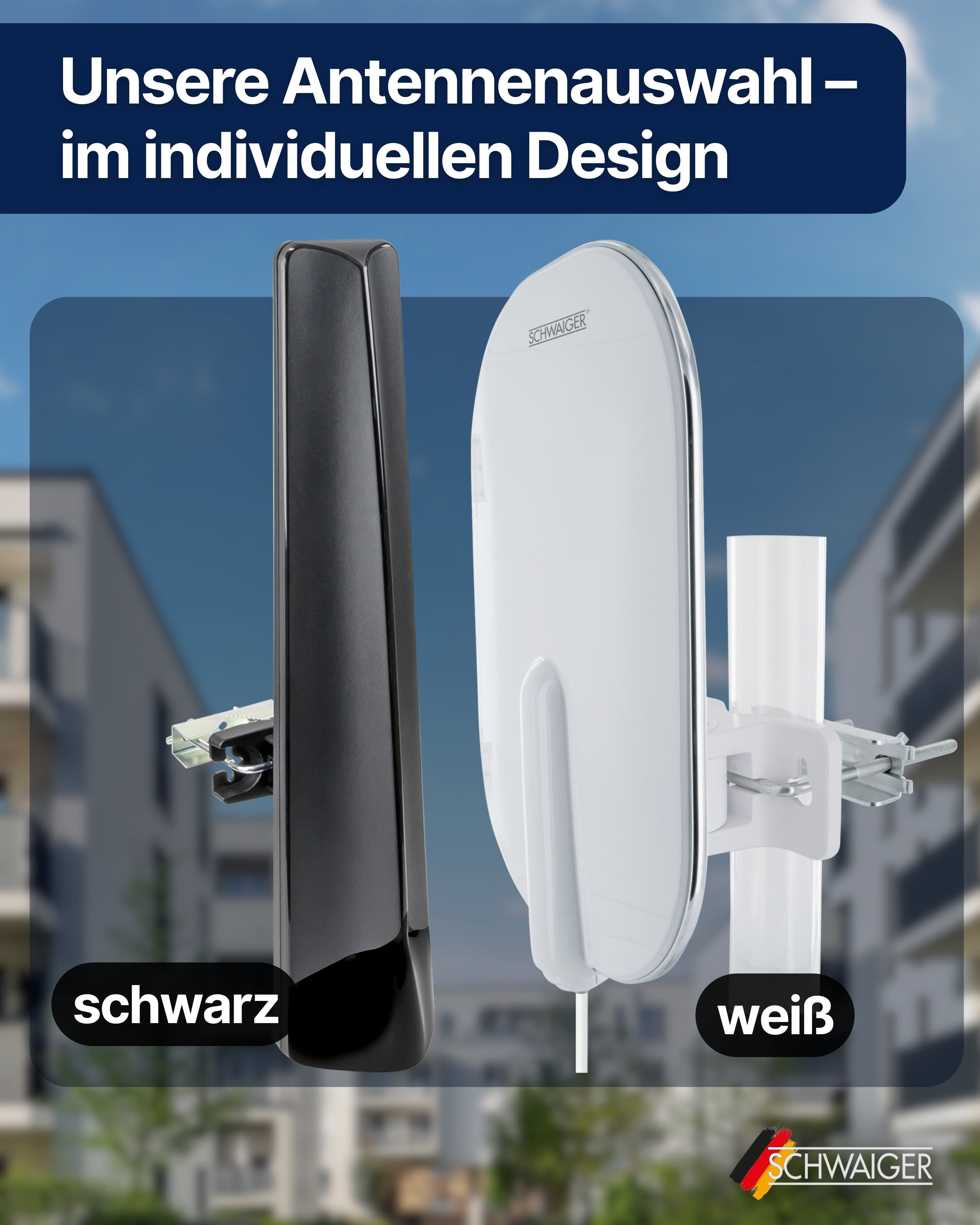 Das Bild zeigt zwei Antennen, schwarz und weiß, wobei die weiße Antenne an einem Pfahl befestigt ist. Im Hintergrund ist ein Gebäude zu sehen.