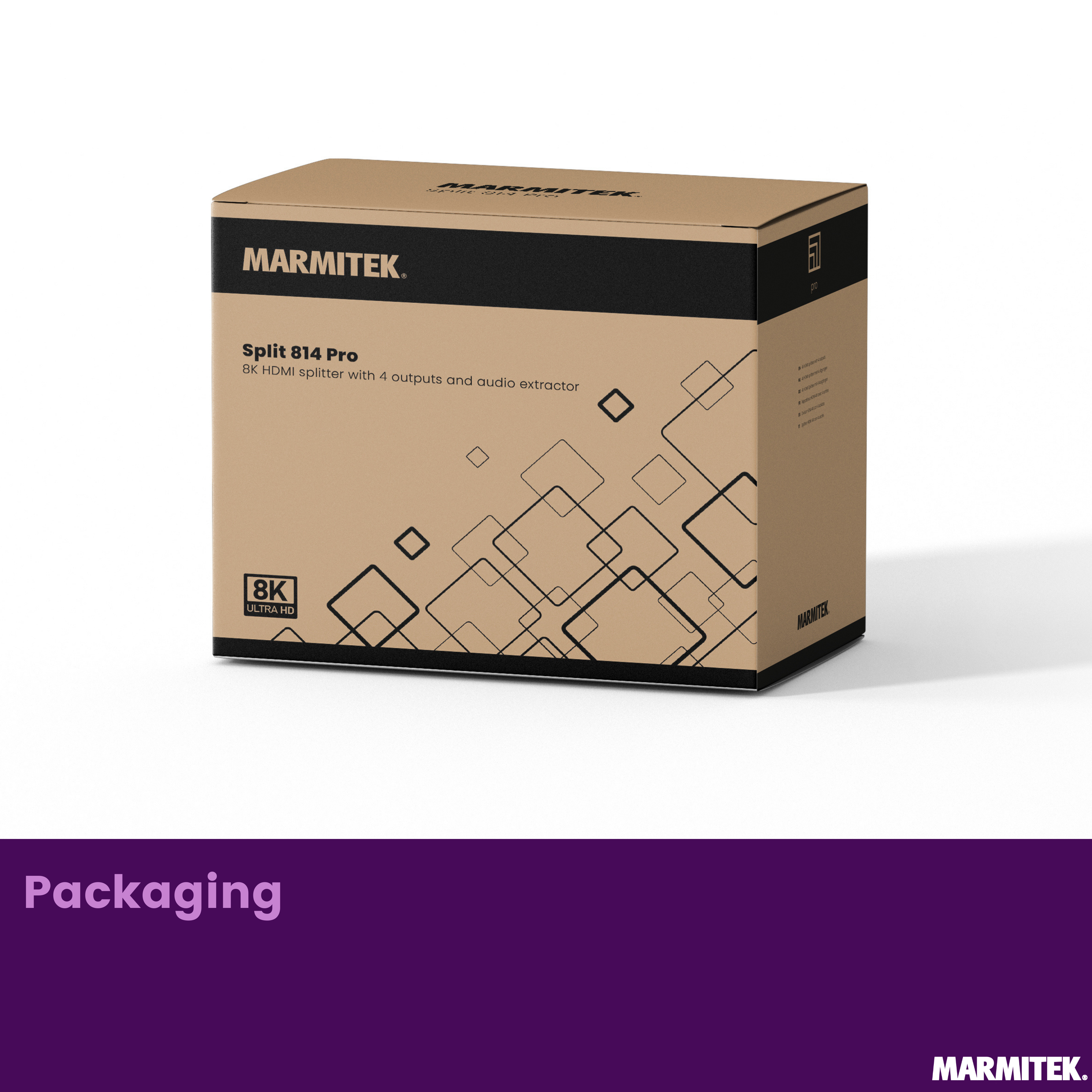 Une boîte de produit sur fond blanc. C'est une boîte marron avec des détails noirs et la marque Marmitek.