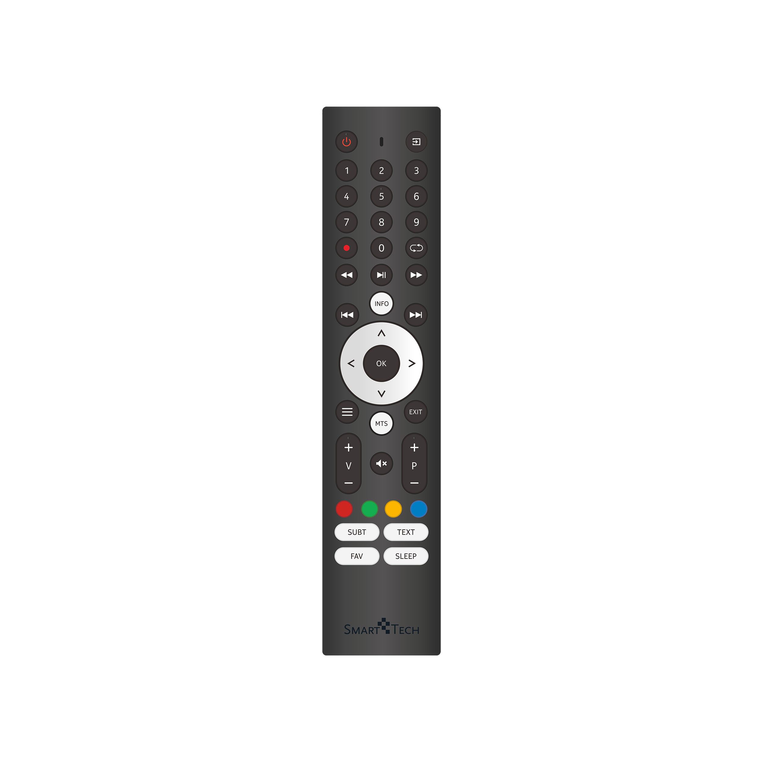Un mando a distancia negro con botones 1-9, encendido, volumen, canal y otros controles multimedia sobre fondo blanco.